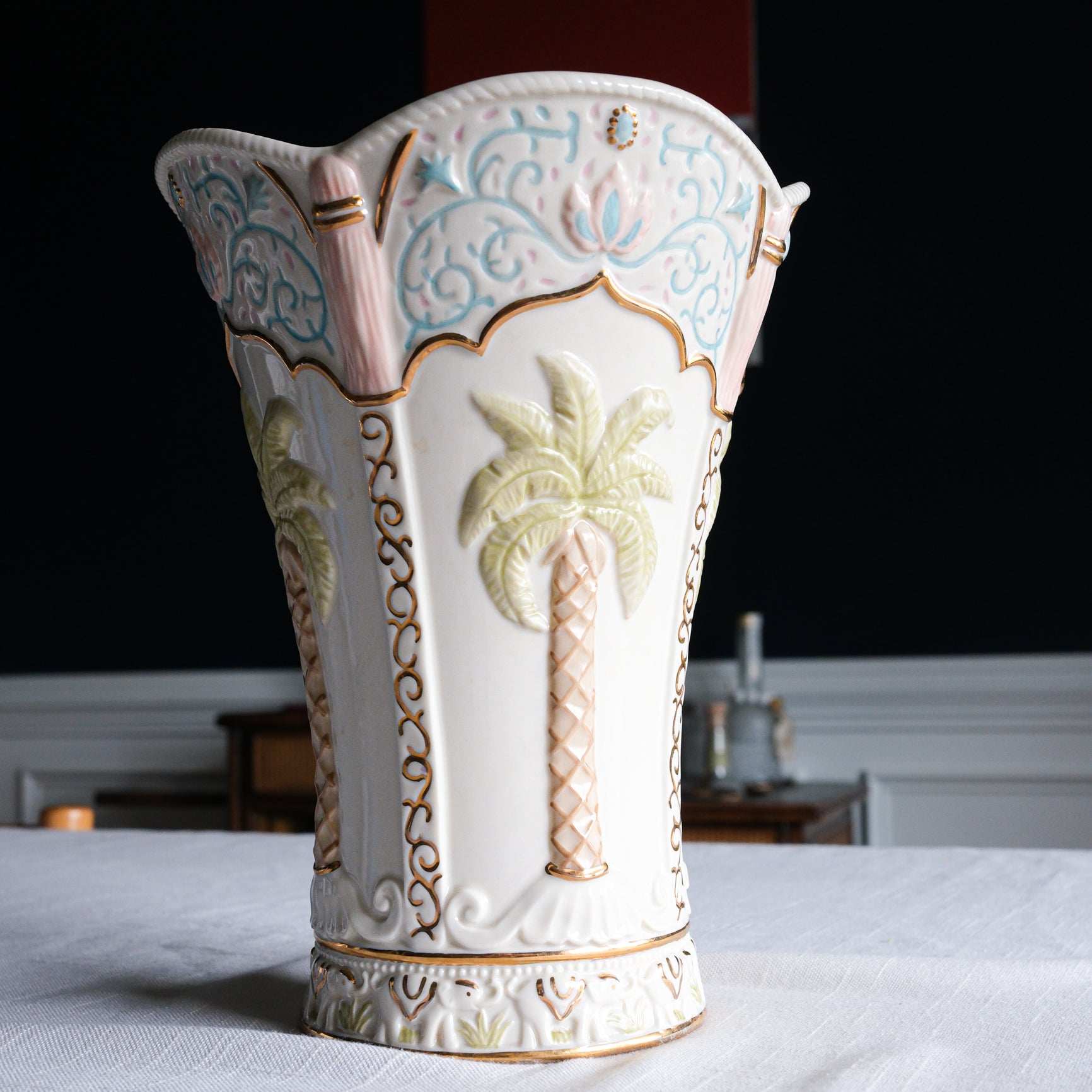 Colonial Elegance Painted Ceramic Lenox Vase Large Palm Pastel and Gold