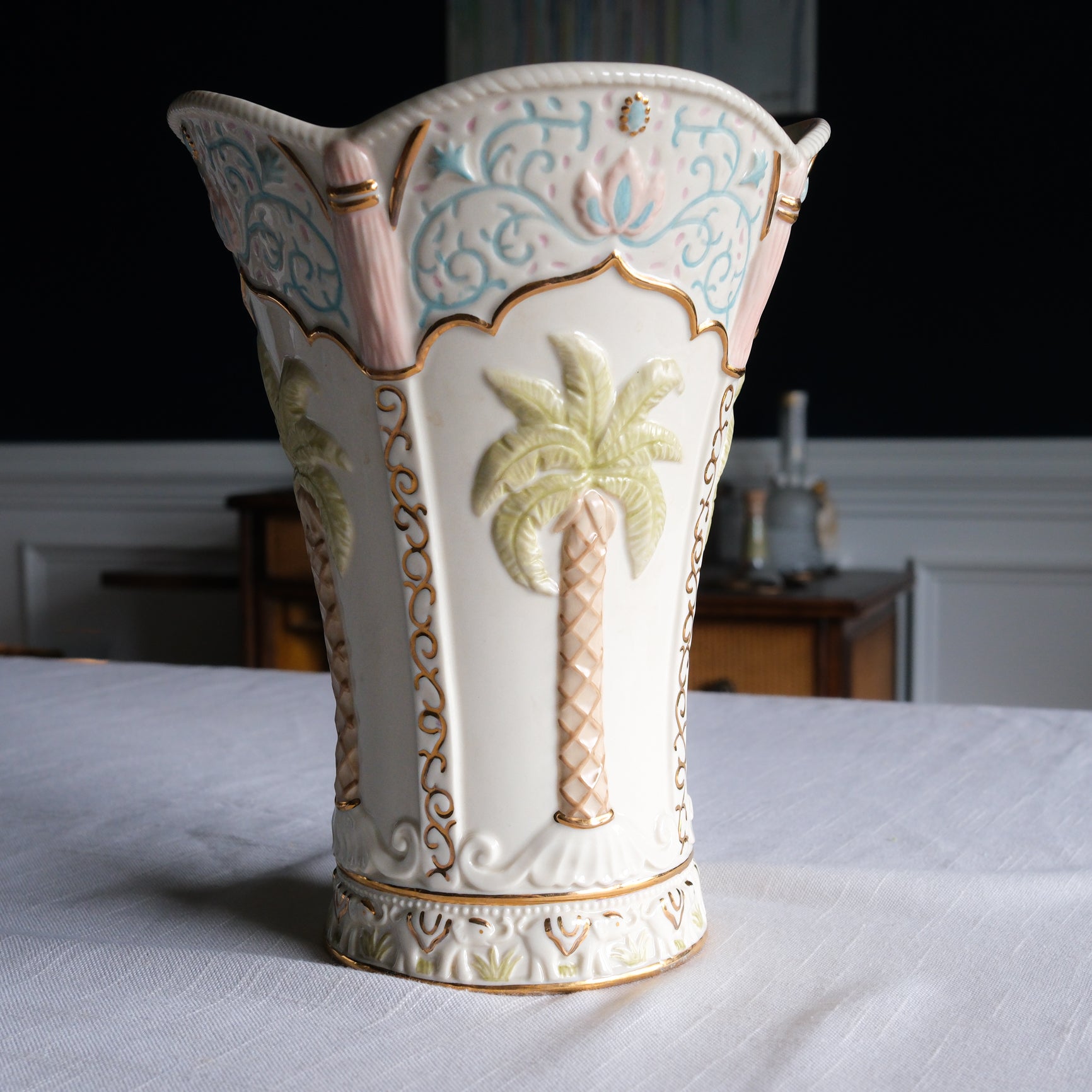 Colonial Elegance Painted Ceramic Lenox Vase Large Palm Pastel and Gold