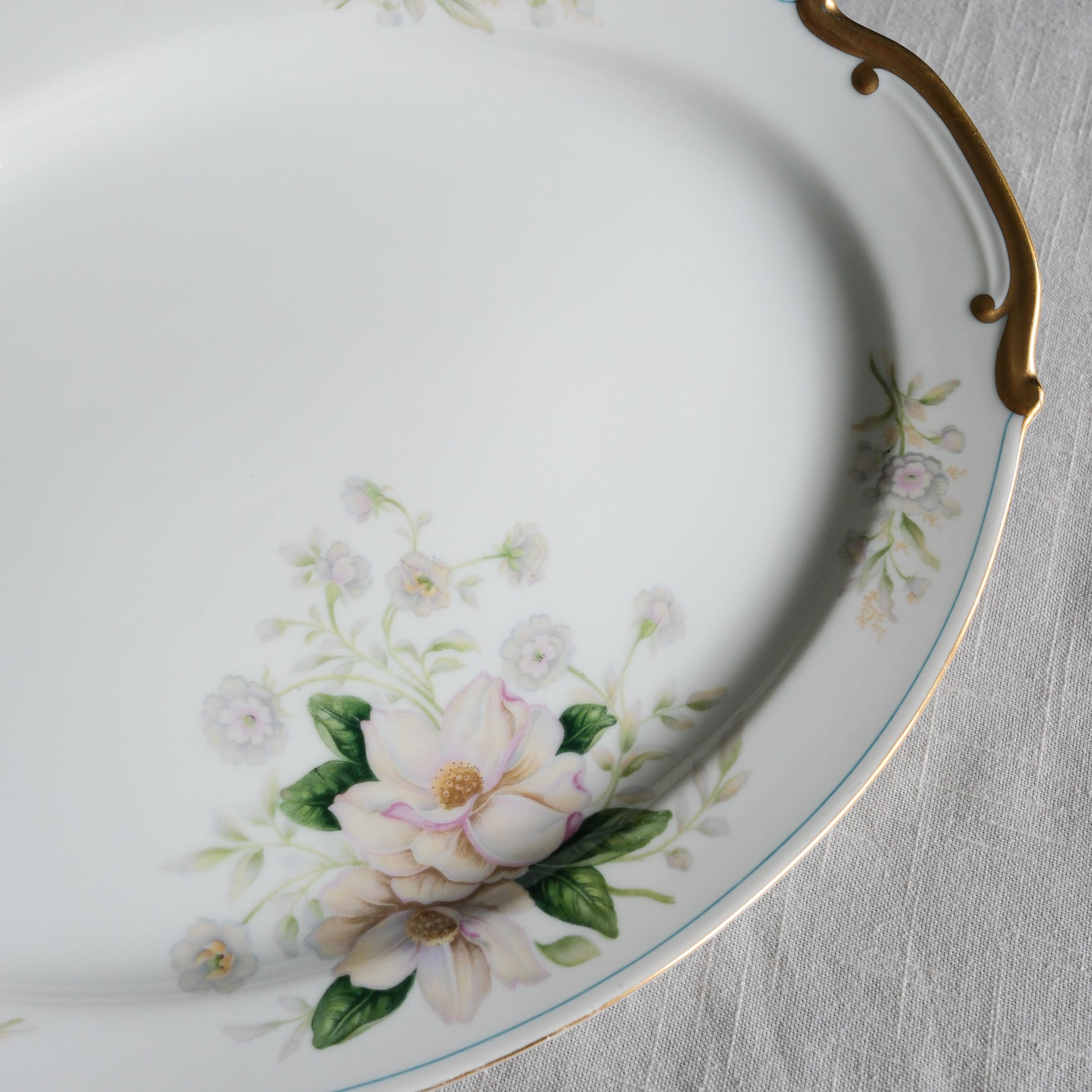 Grace China Rochelle Large Oval Serving Platter Pink Magnolia Floral Design with Gold Trimmed Handles