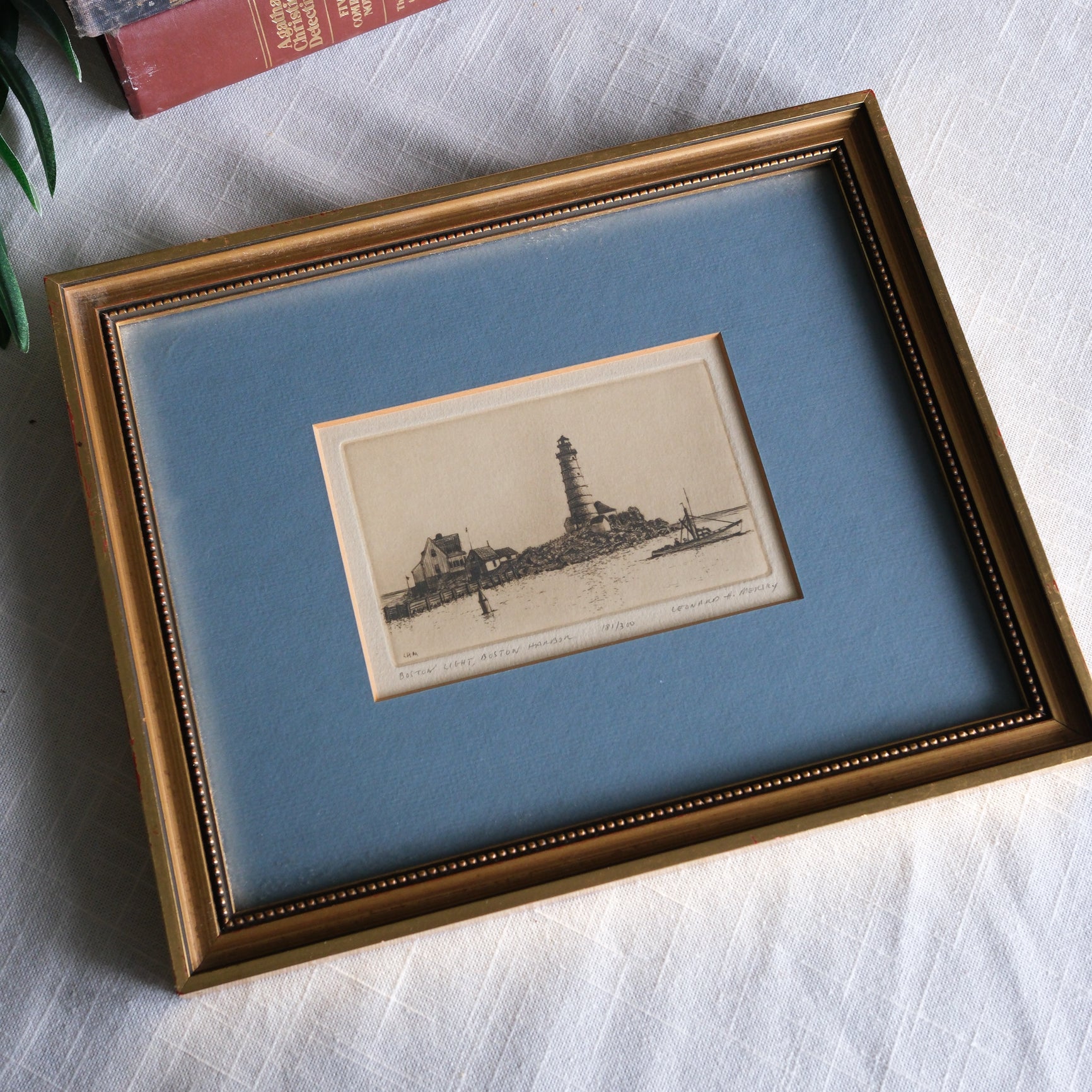 Vintage Matted Lighthouse Black and White Etching Print by Leonard H. Mersky Blue and Gold