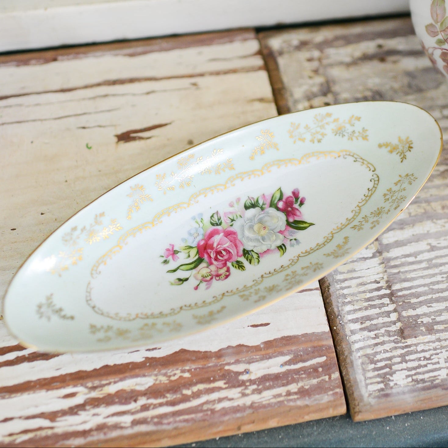 Rose & Mint Green Gold Trimmed Elongated Dish Bowl