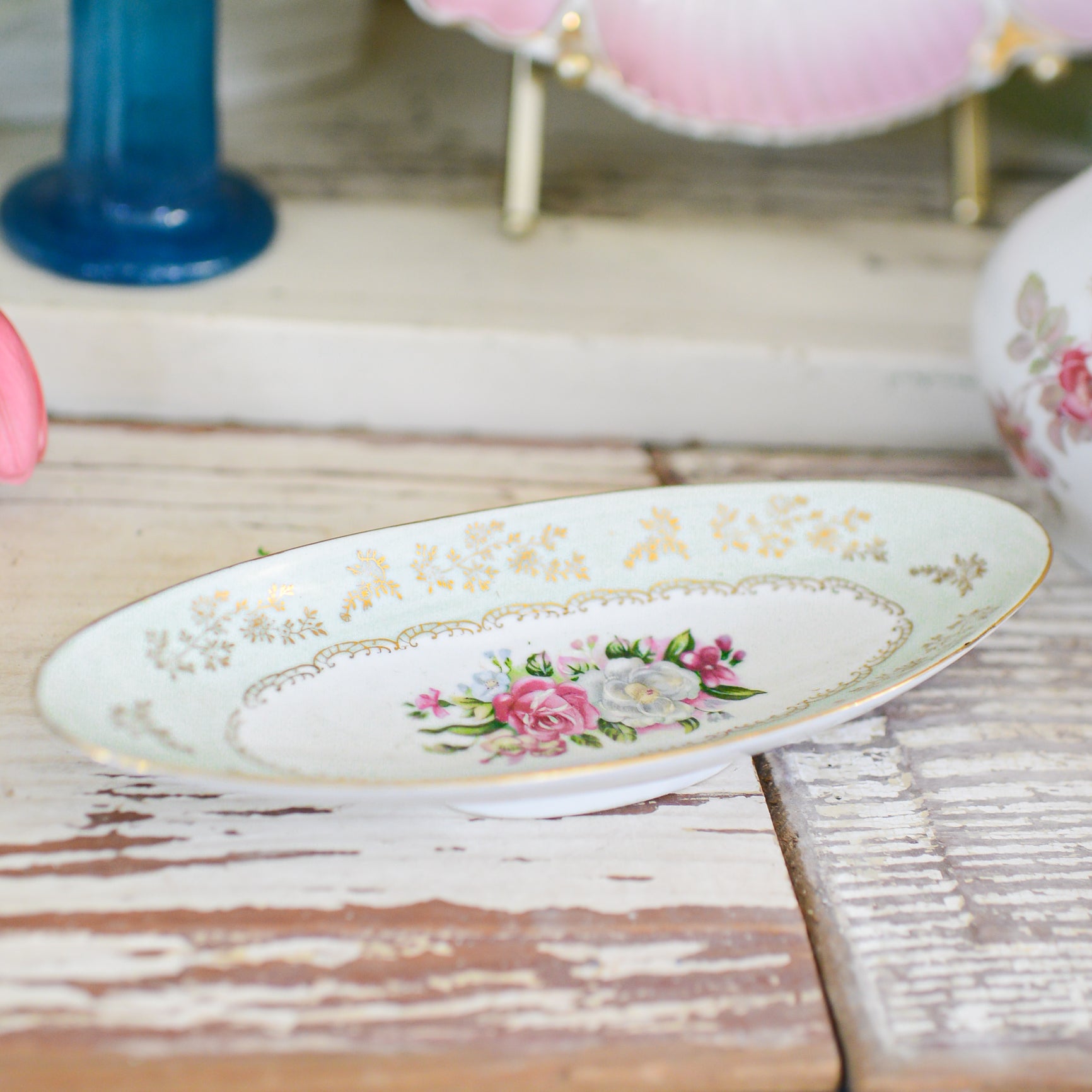 Rose & Mint Green Gold Trimmed Elongated Dish Bowl