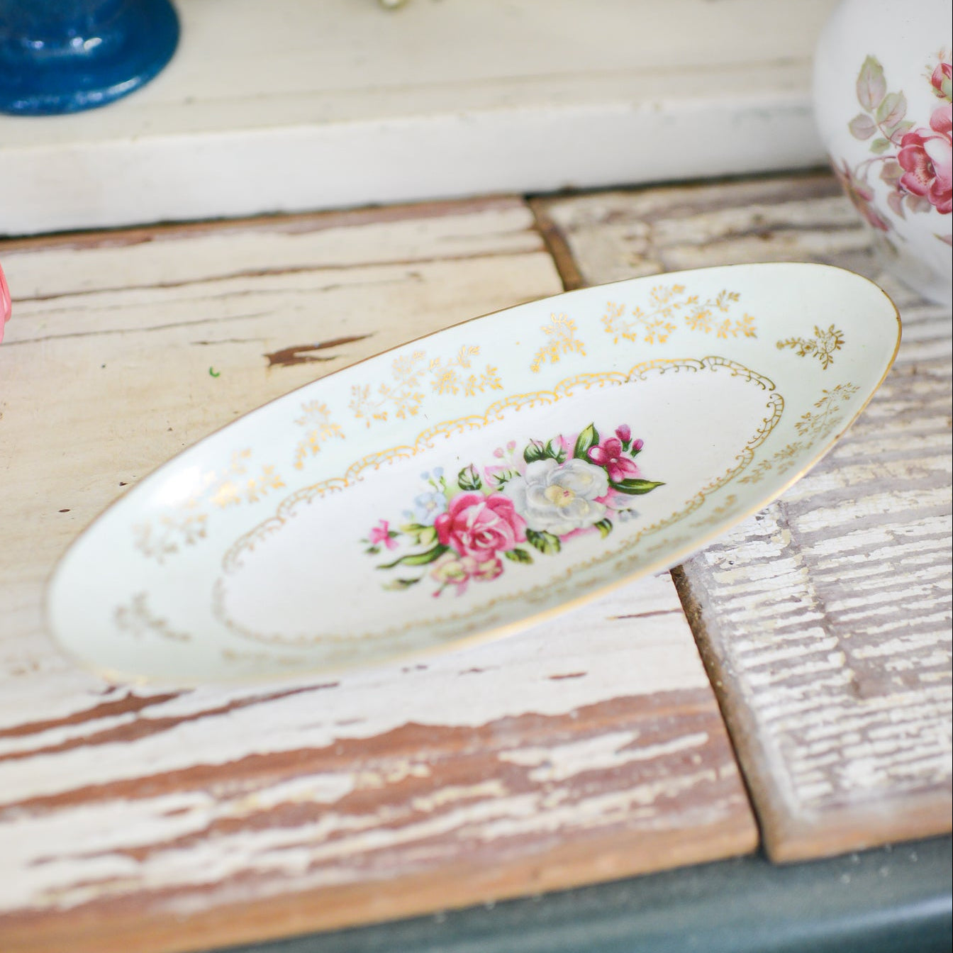 Rose & Mint Green Gold Trimmed Elongated Dish Bowl