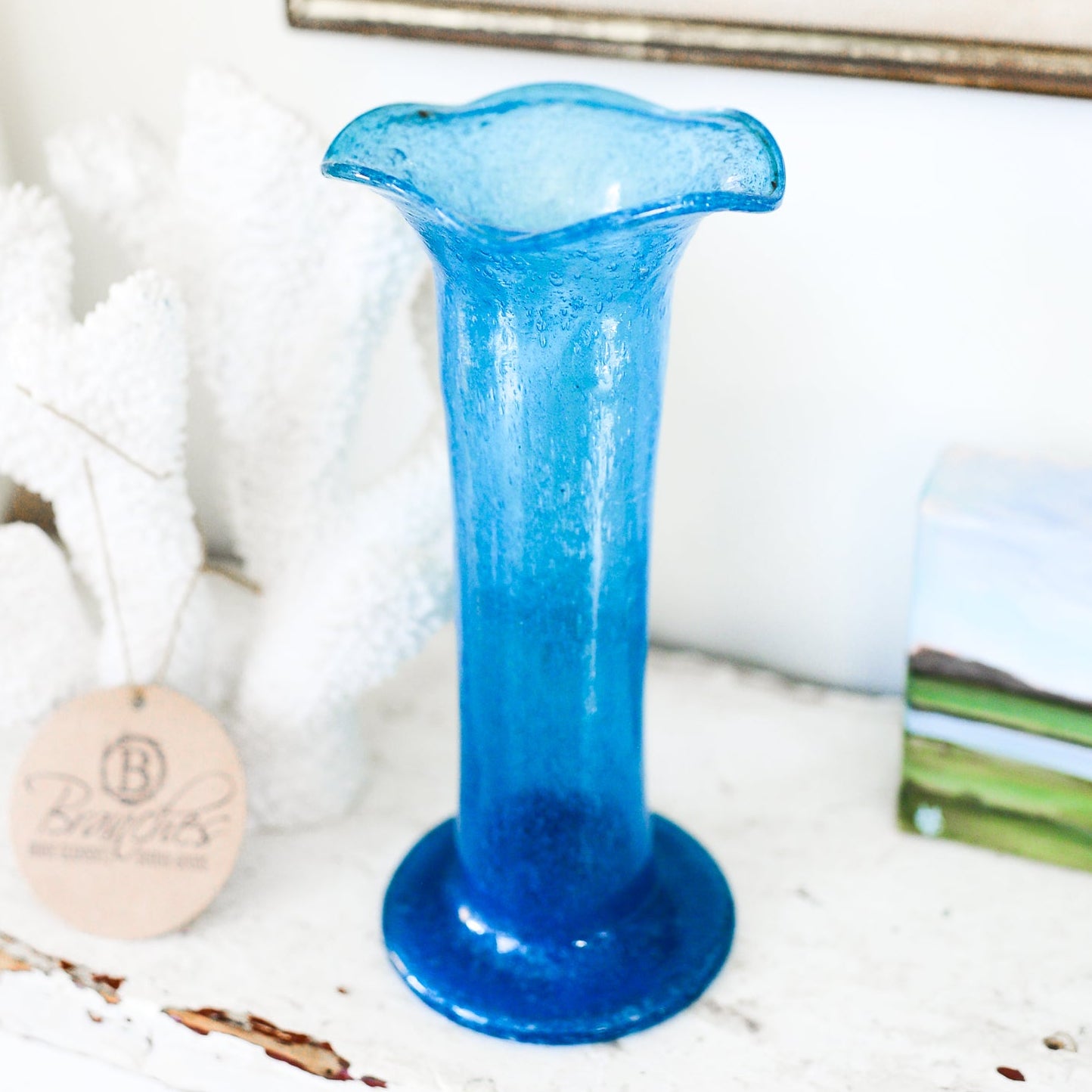 Handblown Teal Tall Glass Vase
