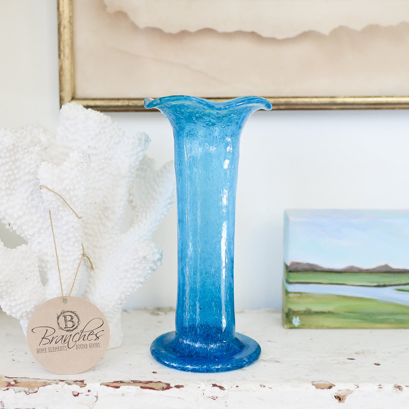 Handblown Teal Tall Glass Vase