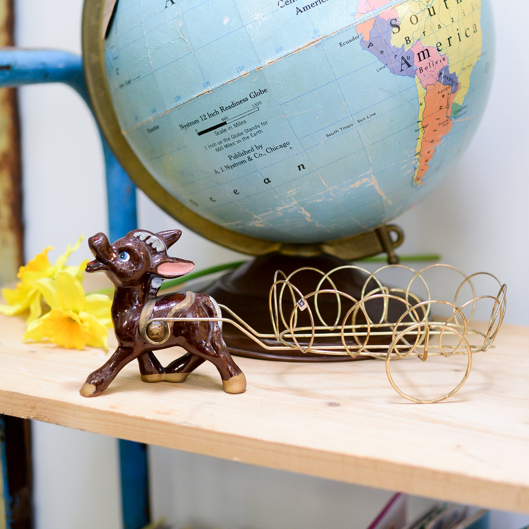 Vintage Porcelain Donkey & Wire Brass Cart