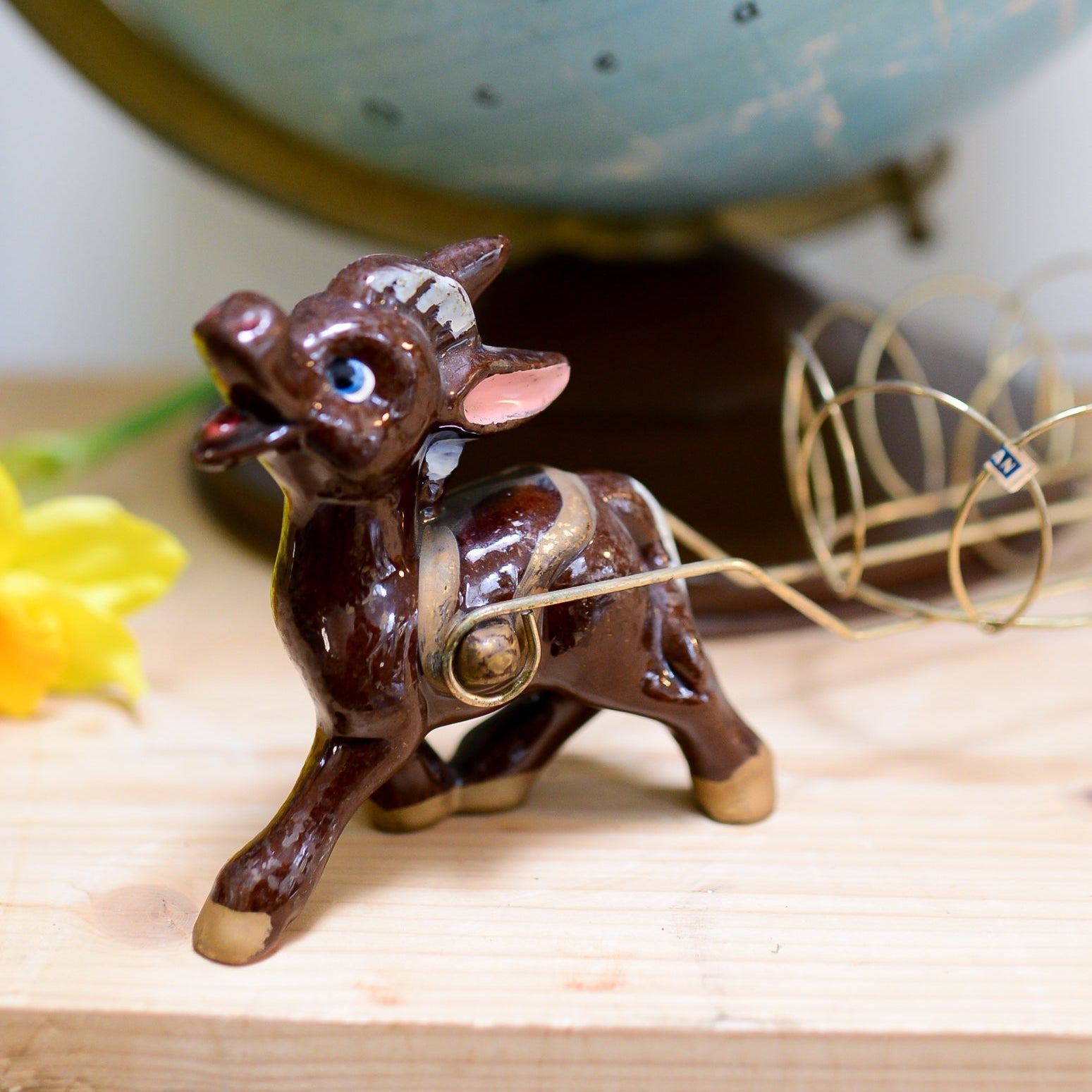 Vintage Porcelain Donkey & Wire Brass Cart
