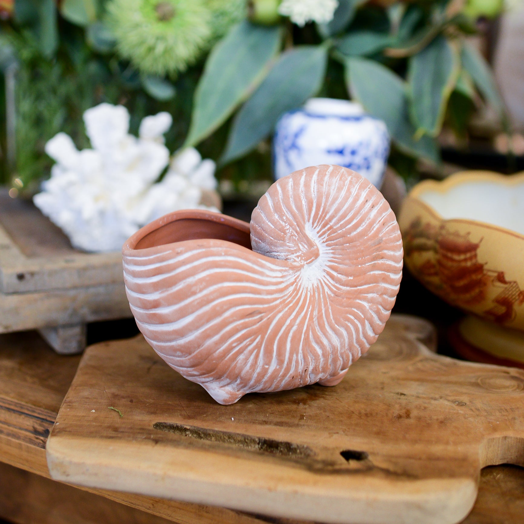 Vintage Rust Pink Shell Clay Footed Planter