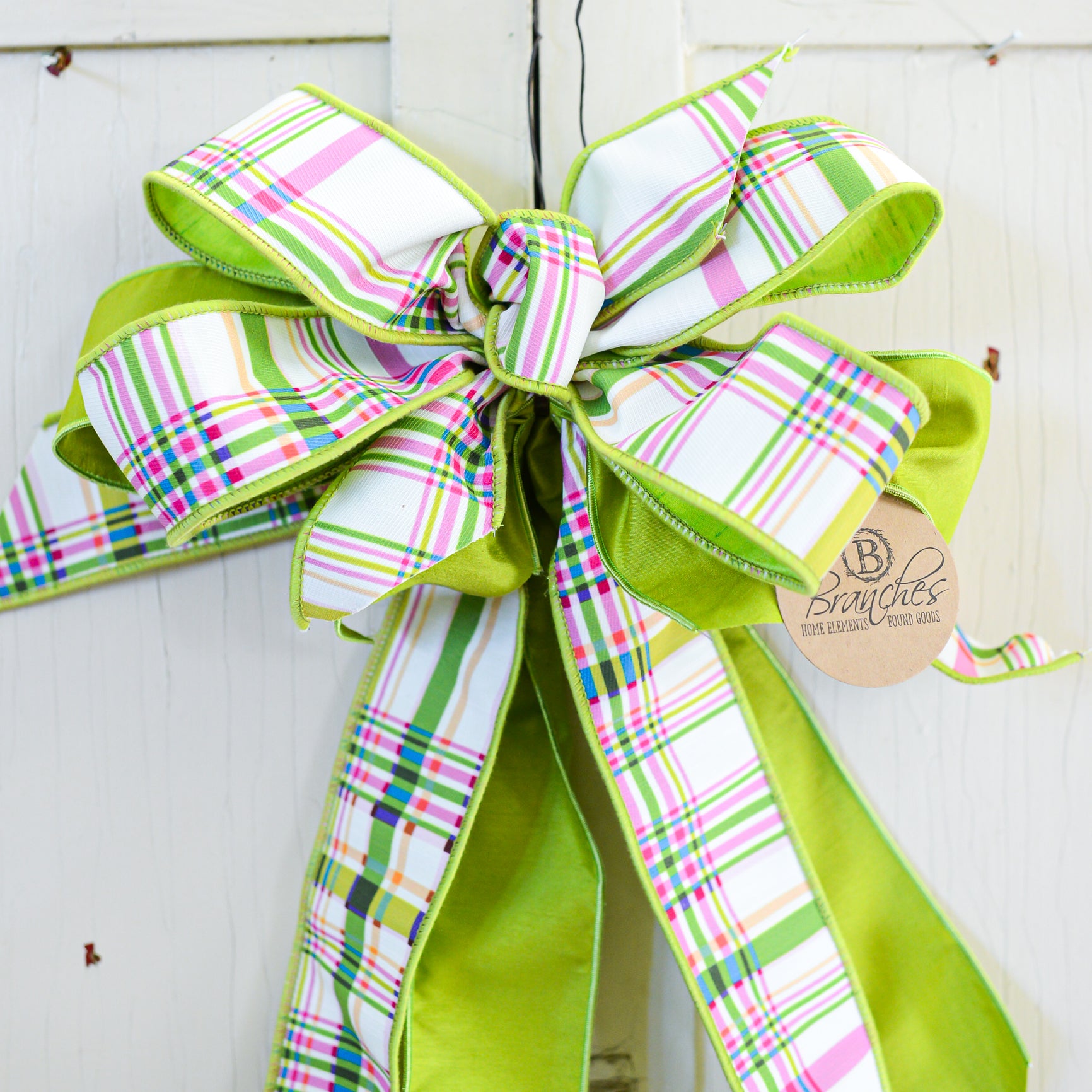 Lime Green & Pink White Spring Plaid Hand-Tied Bow