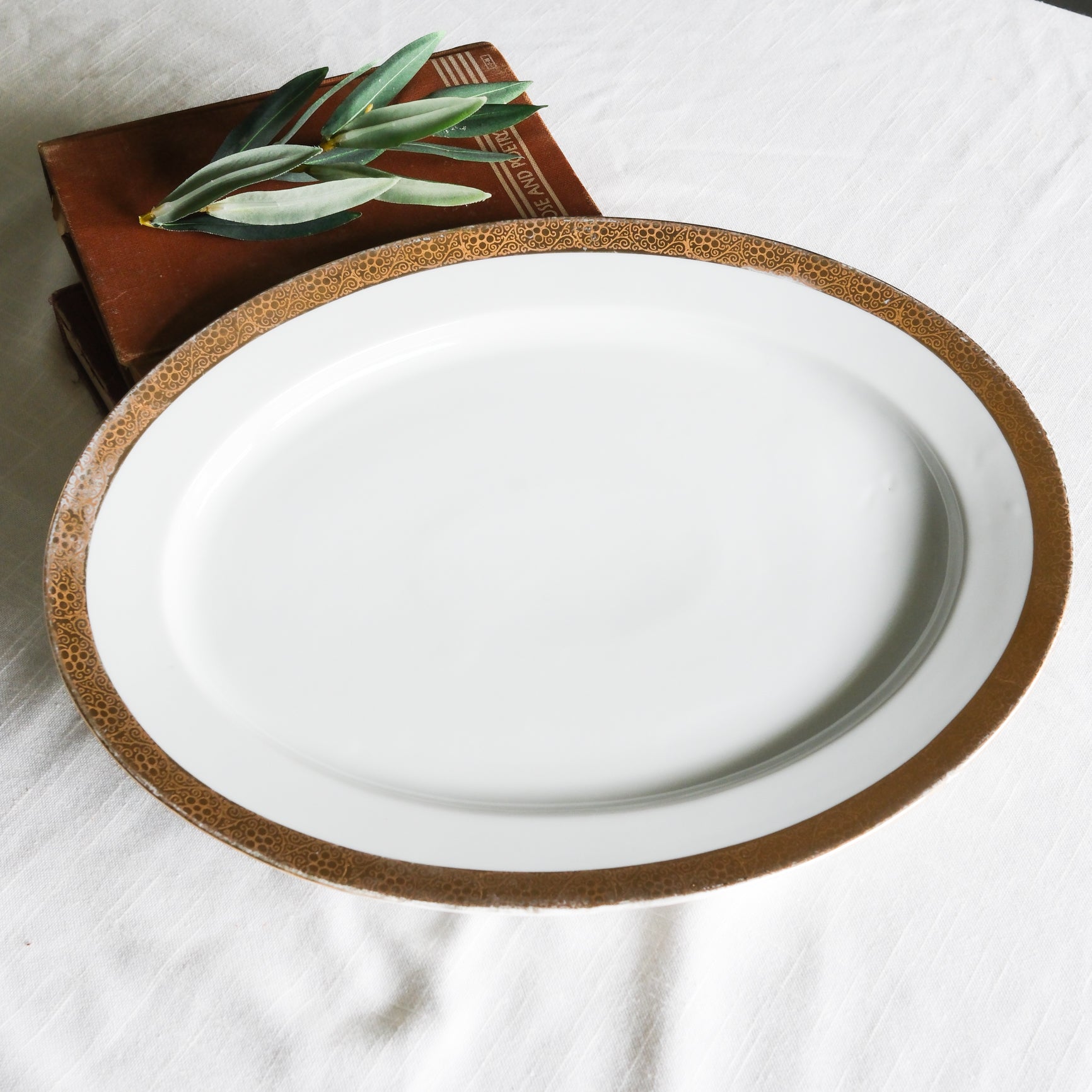 Vintage Heinrich H&C White Ceramic Large Oval Serving Platter with Gold Trim 16"L