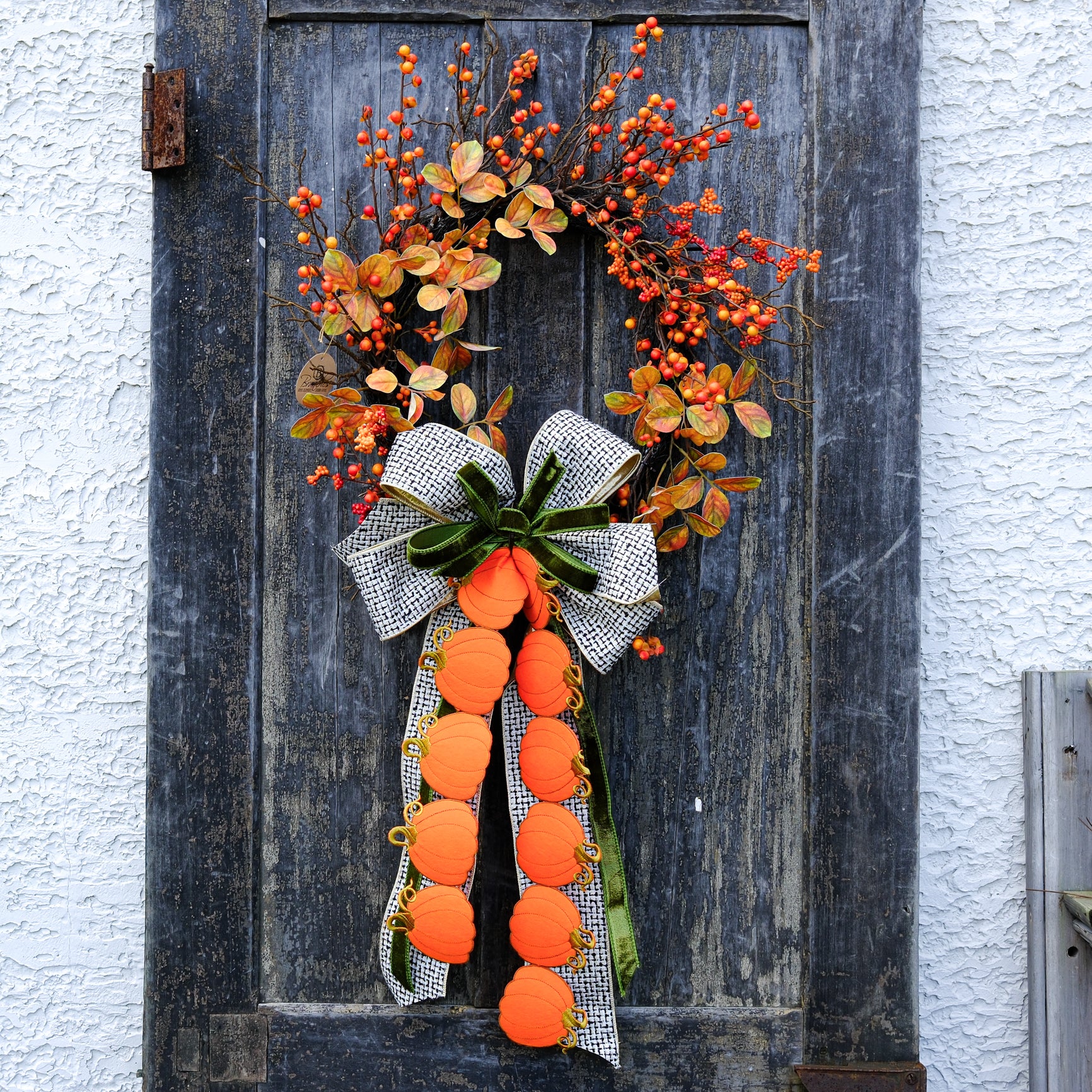 Hand-Tied Pumpkin Tweed & Green Velvet Bow