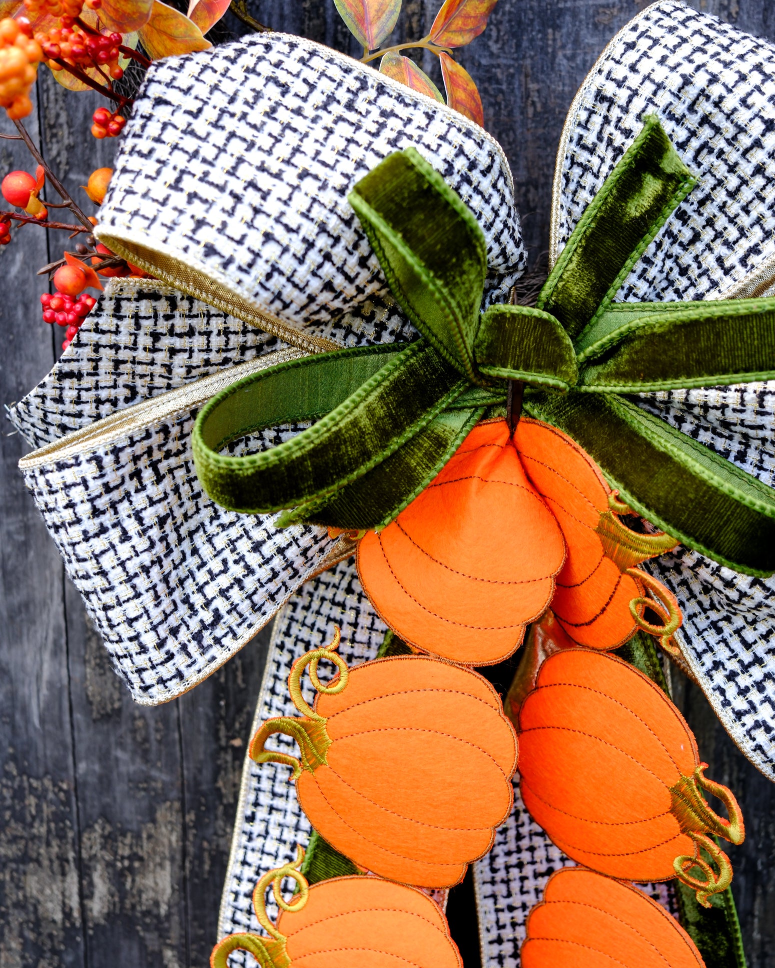 Hand-Tied Pumpkin Tweed & Green Velvet Bow