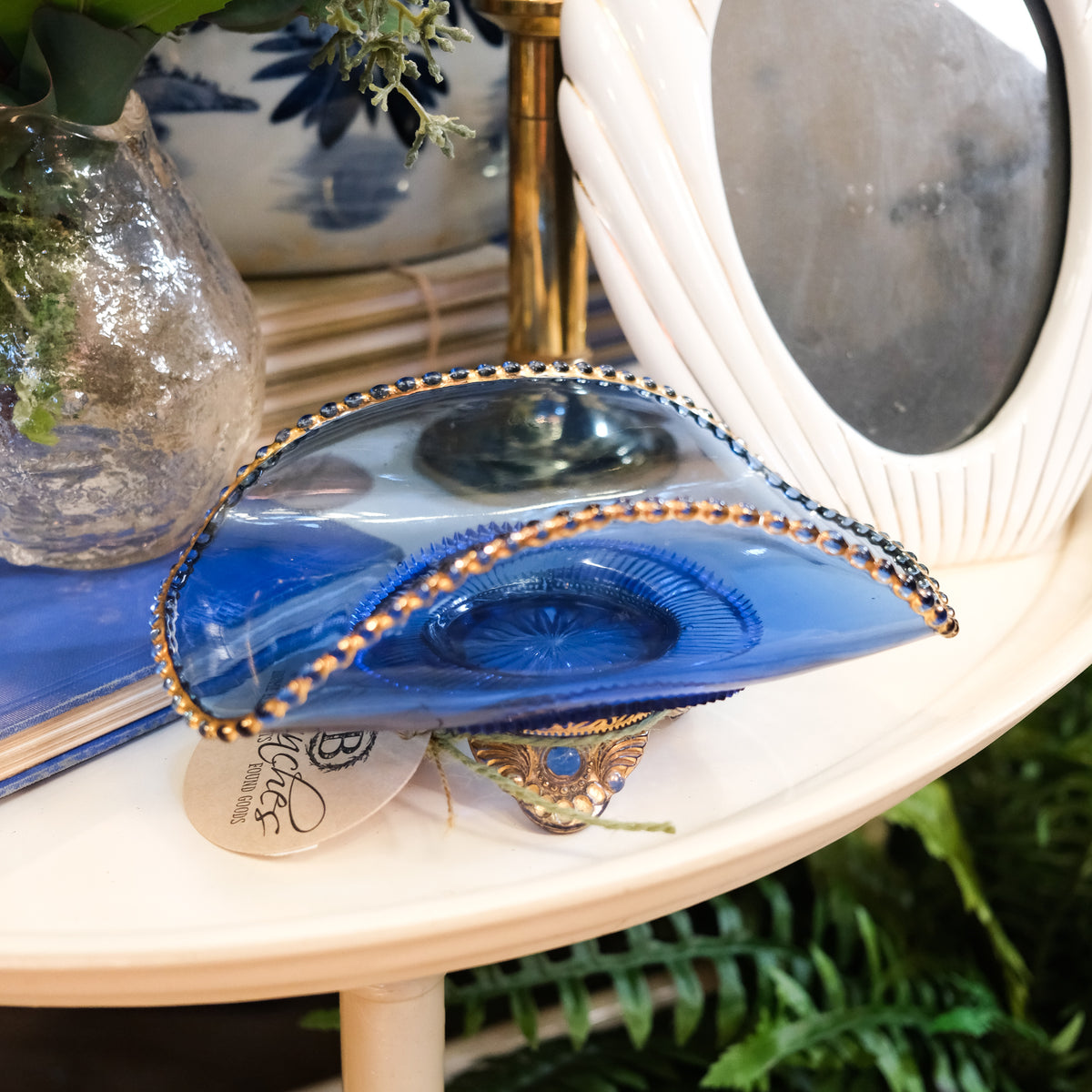 Glass Sapphire Blue Gold Brass Footed Candy Trinket Dish