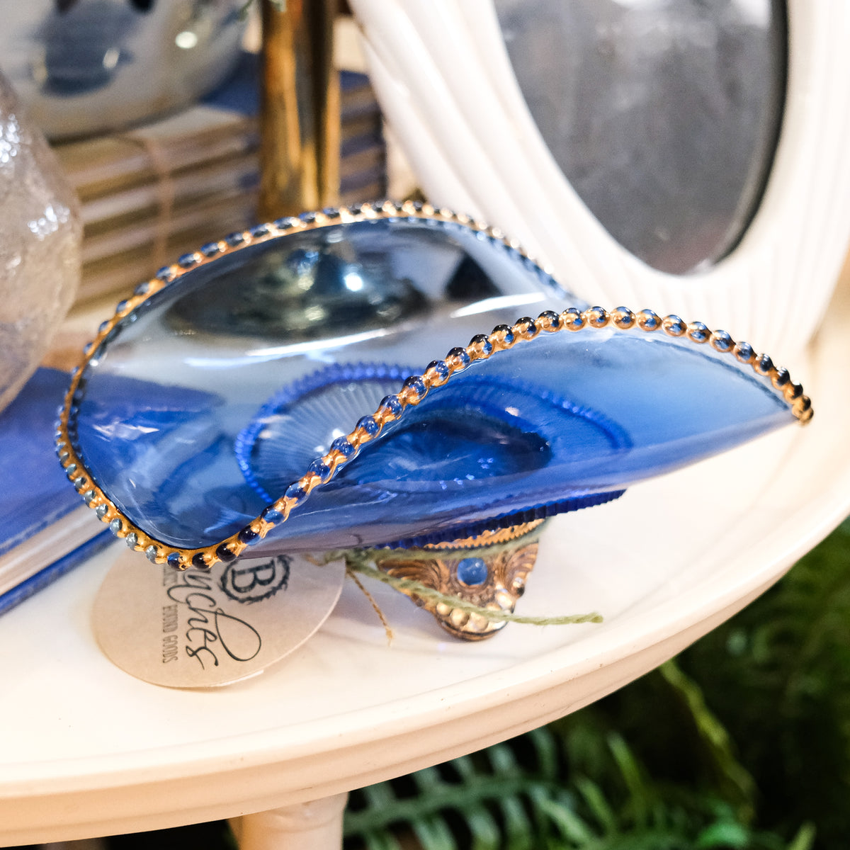 Glass Sapphire Blue Gold Brass Footed Candy Trinket Dish