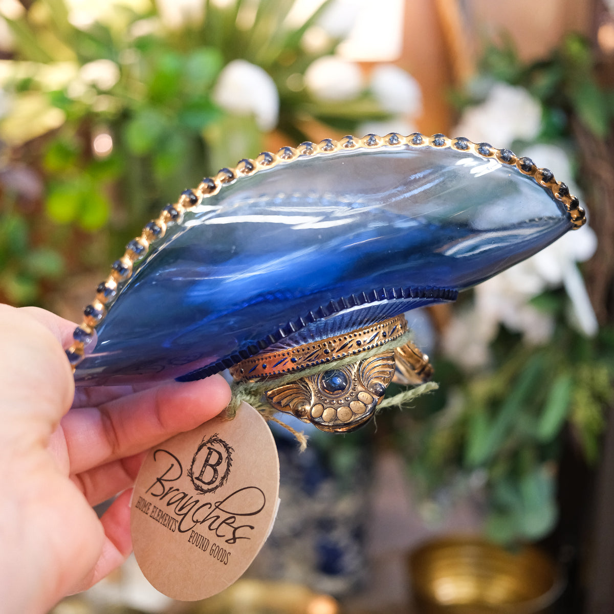 Glass Sapphire Blue Gold Brass Footed Candy Trinket Dish