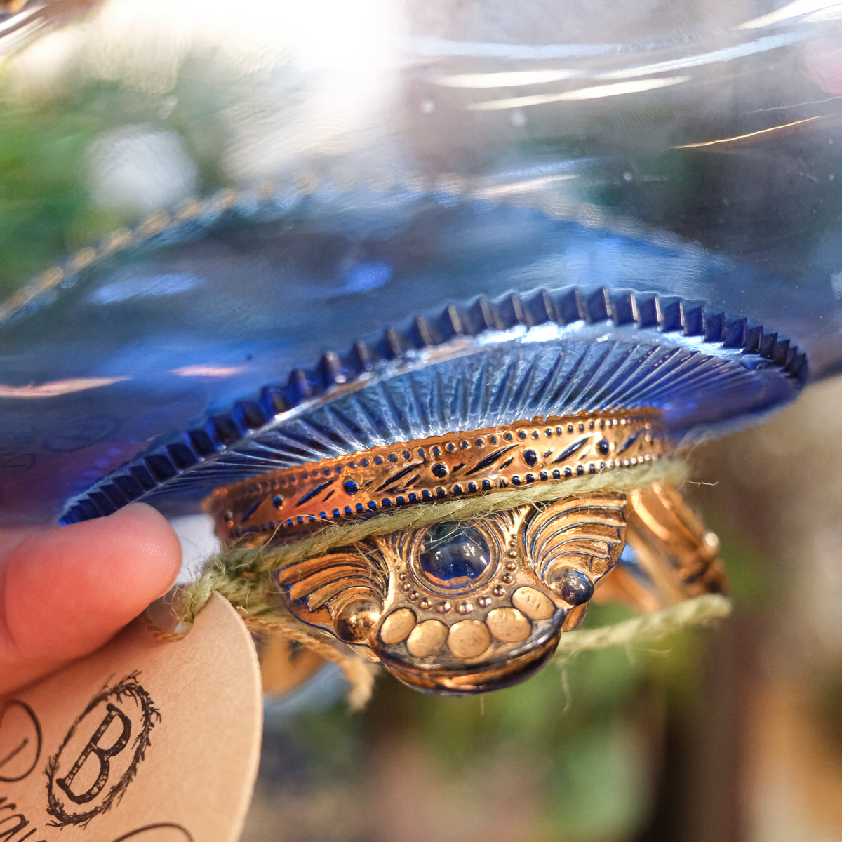 Glass Sapphire Blue Gold Brass Footed Candy Trinket Dish