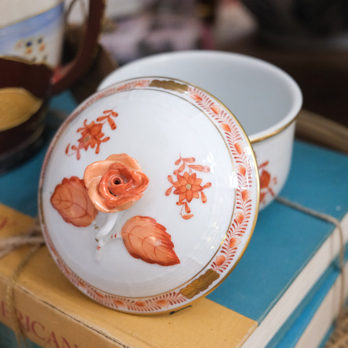 Vintage Herend Coral White Gold Edged Rose Sugar Bowl