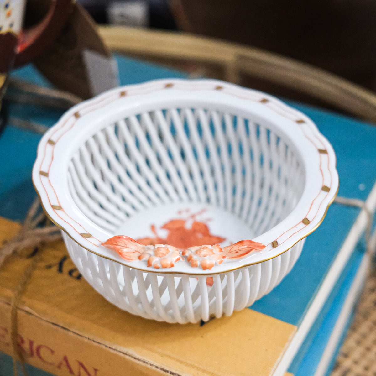Vintage Herend Coral White Gold Edged Lattice Autumn Porcelain Bowl