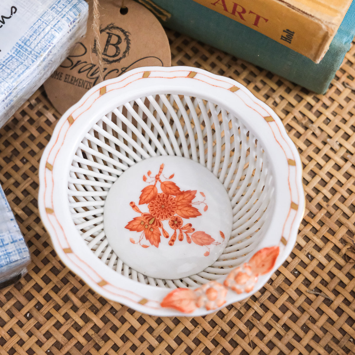 Vintage Herend Coral White Gold Edged Lattice Autumn Porcelain Bowl
