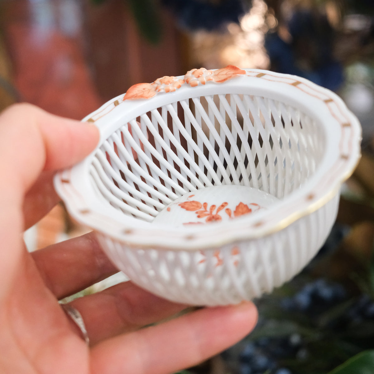 Vintage Herend Coral White Gold Edged Lattice Autumn Porcelain Bowl