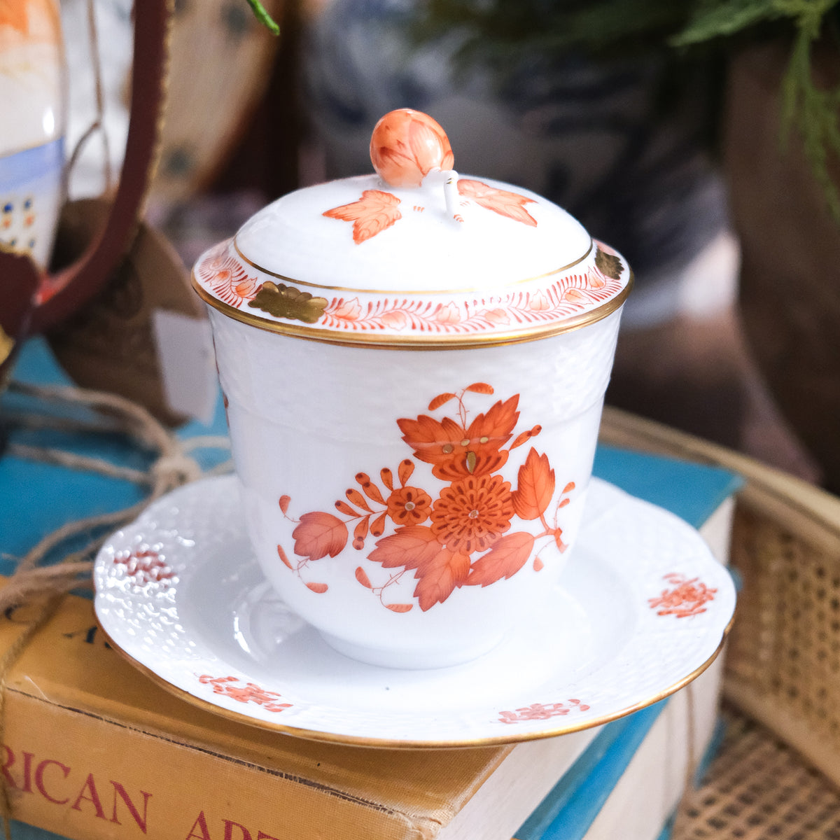 Vintage Herend Jelly Pot Au Pate de Creme Coral White Gold Edged Porcelain