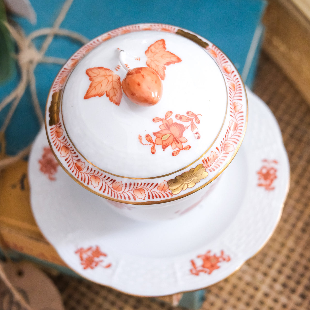 Vintage Herend Jelly Pot Au Pate de Creme Coral White Gold Edged Porcelain