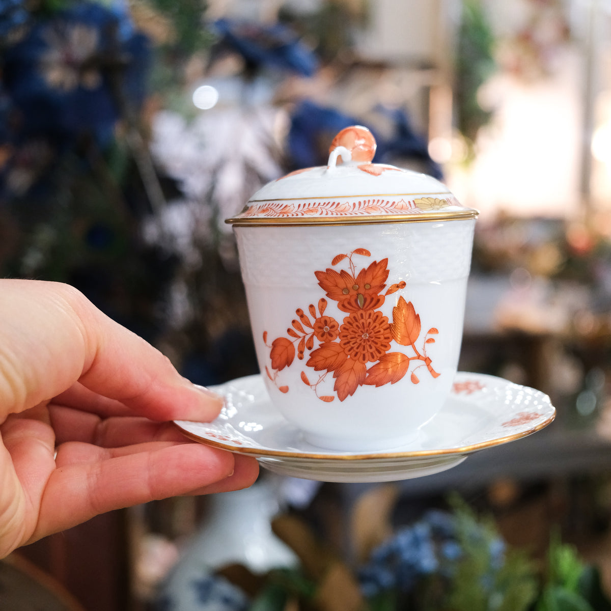 Vintage Herend Jelly Pot Au Pate de Creme Coral White Gold Edged Porcelain