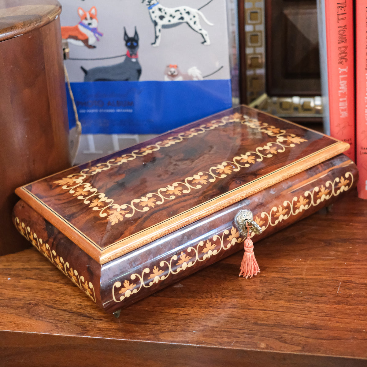 Italian Sorrento Red Velvet Lined Music Jewelry Box Made in Italy