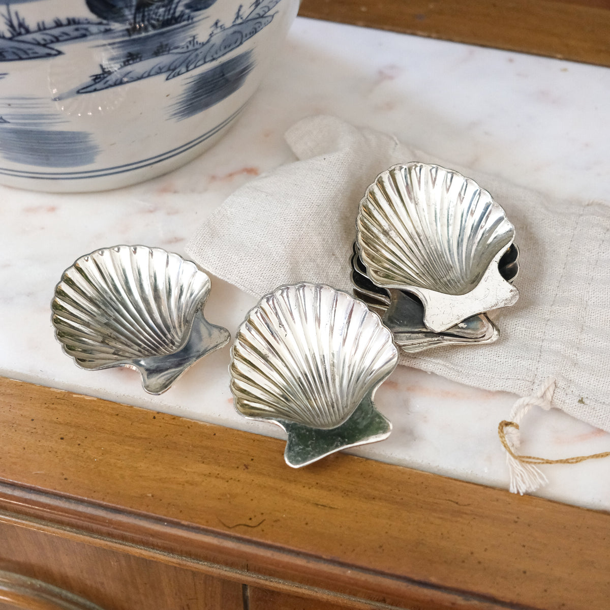 Set of 6 Scalloped Shell Mini Butter or Salt Dishes Silver Plated