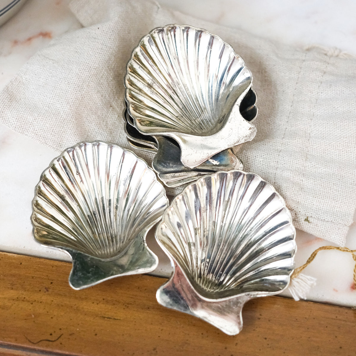 Set of 6 Scalloped Shell Mini Butter or Salt Dishes Silver Plated