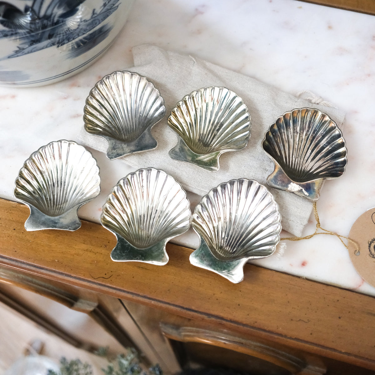 Set of 6 Scalloped Shell Mini Butter or Salt Dishes Silver Plated