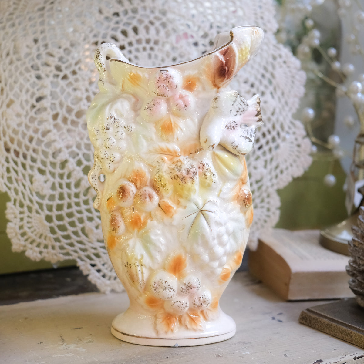 Vintage Bird Citrus Gold Edged White Ceramic Betson Vase