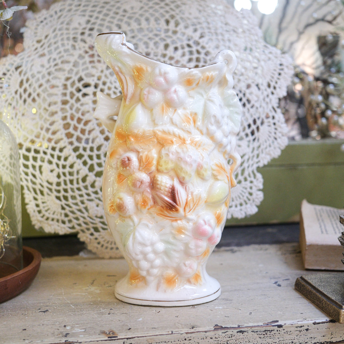 Vintage Bird Citrus Gold Edged White Ceramic Betson Vase