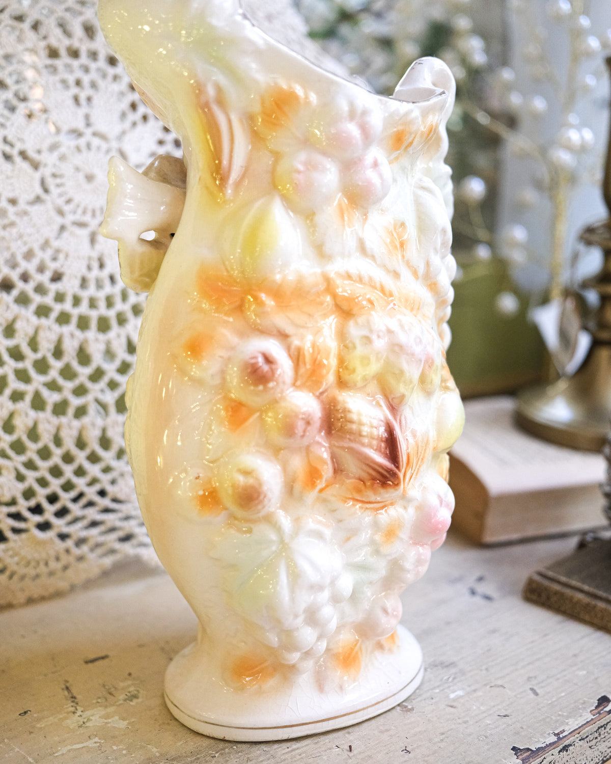 Vintage Bird Citrus Gold Edged White Ceramic Betson Vase