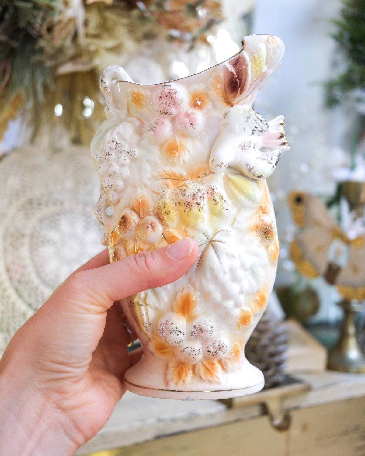 Vintage Bird Citrus Gold Edged White Ceramic Betson Vase