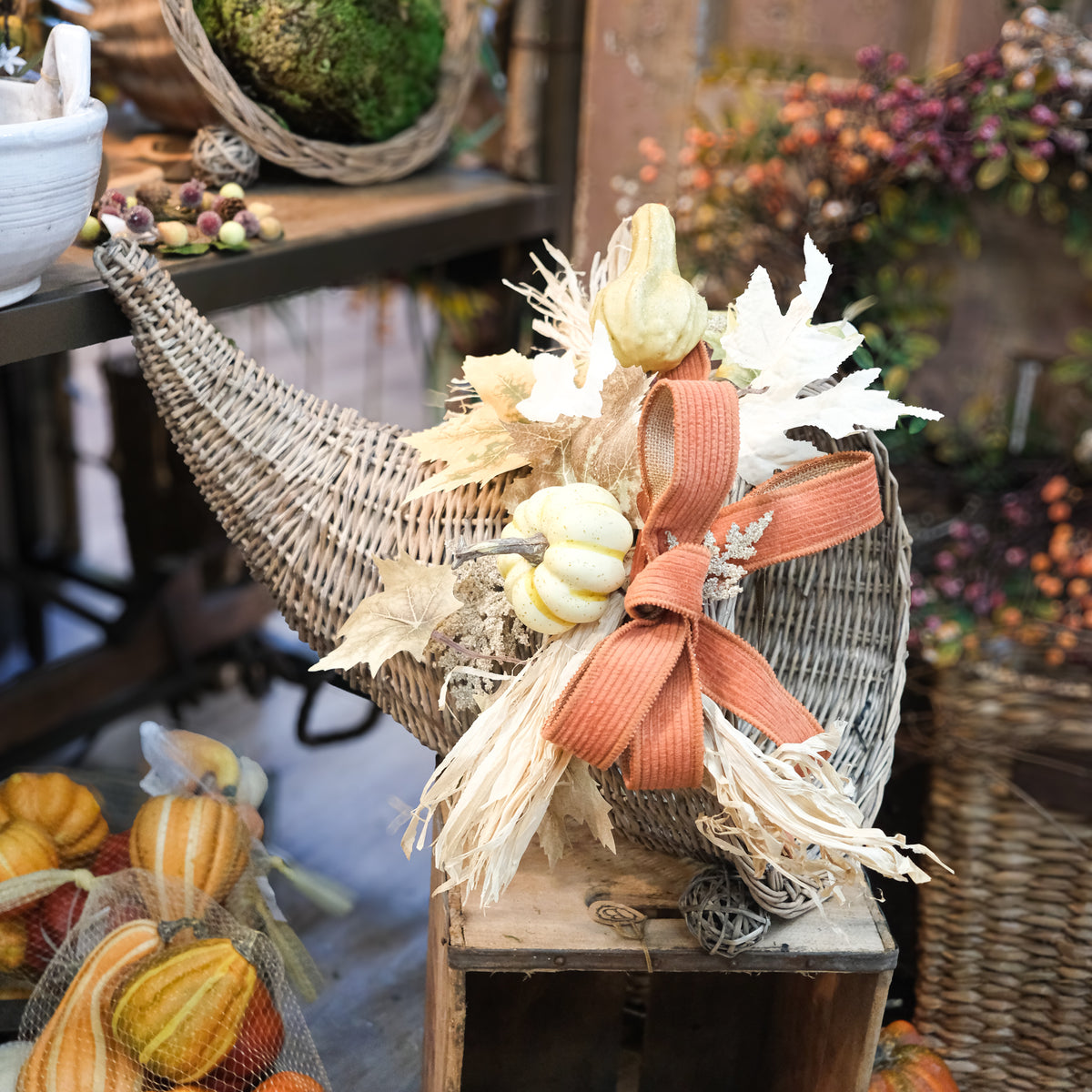 Decorated Autumn Wicker Cornucopia
