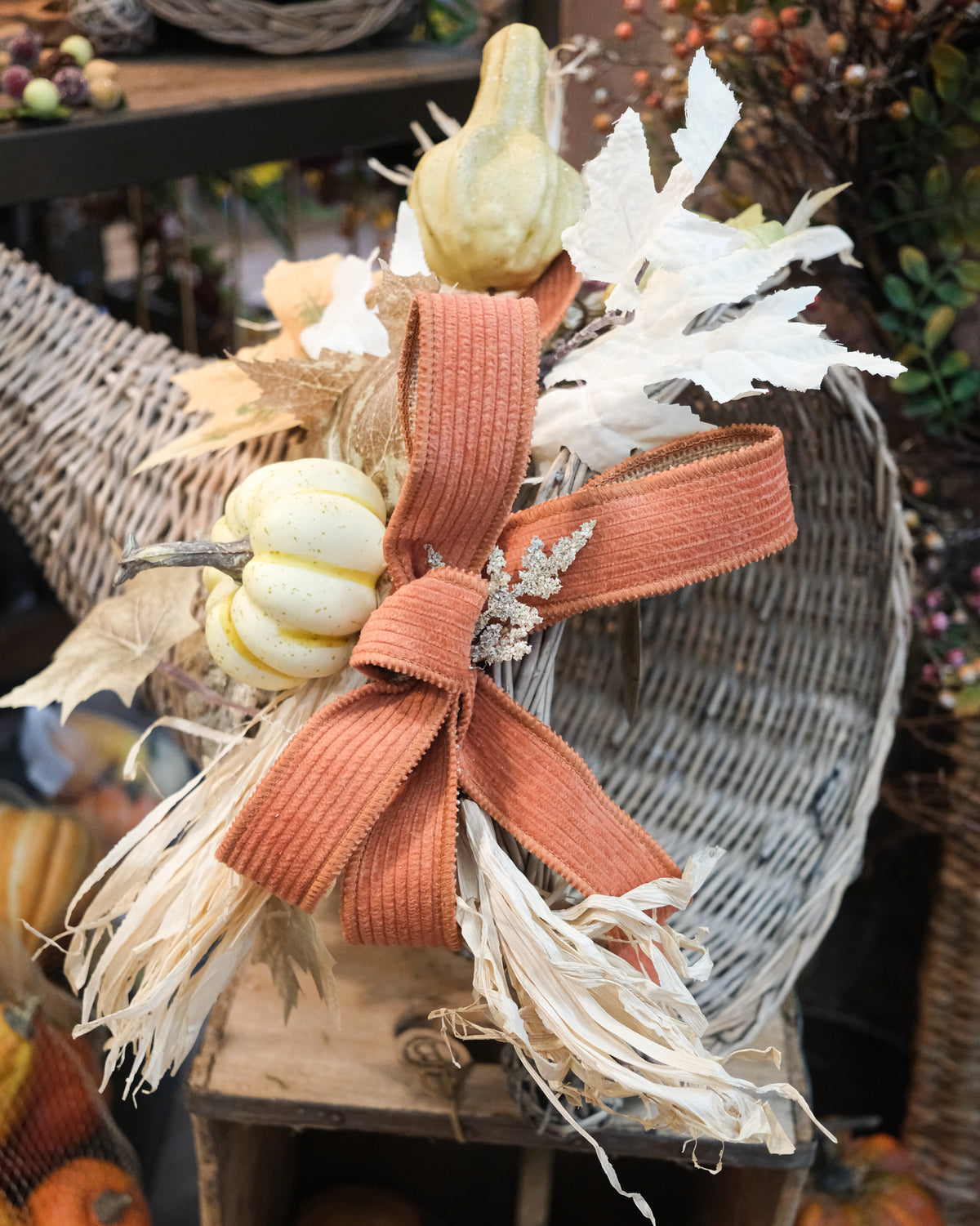 Decorated Autumn Wicker Cornucopia