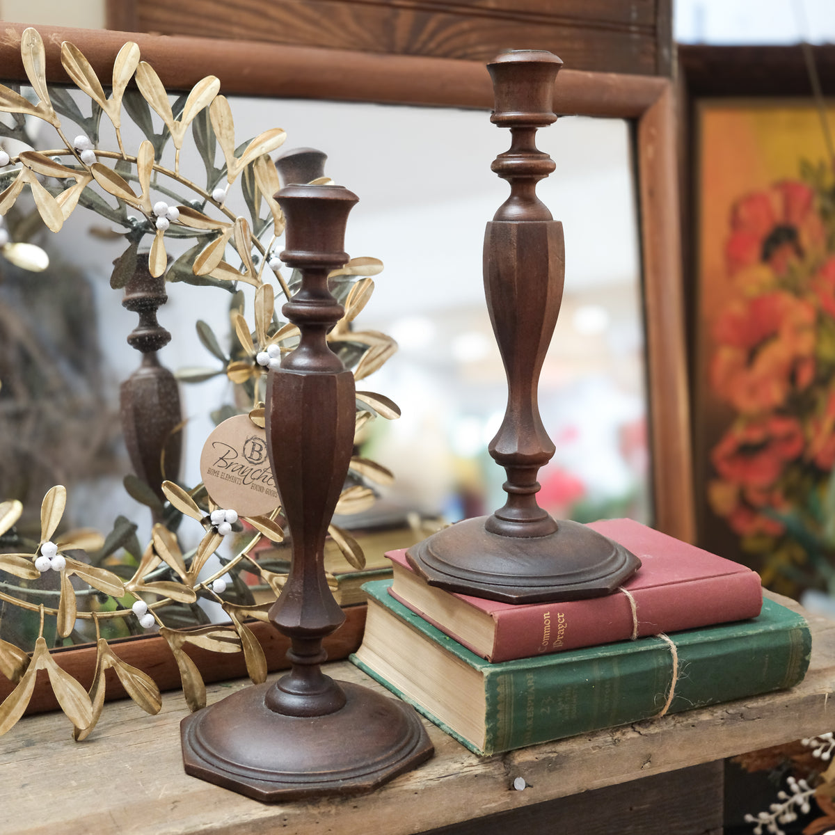 Tall Dark Brown Wooden Candlestick Holders Set of 2