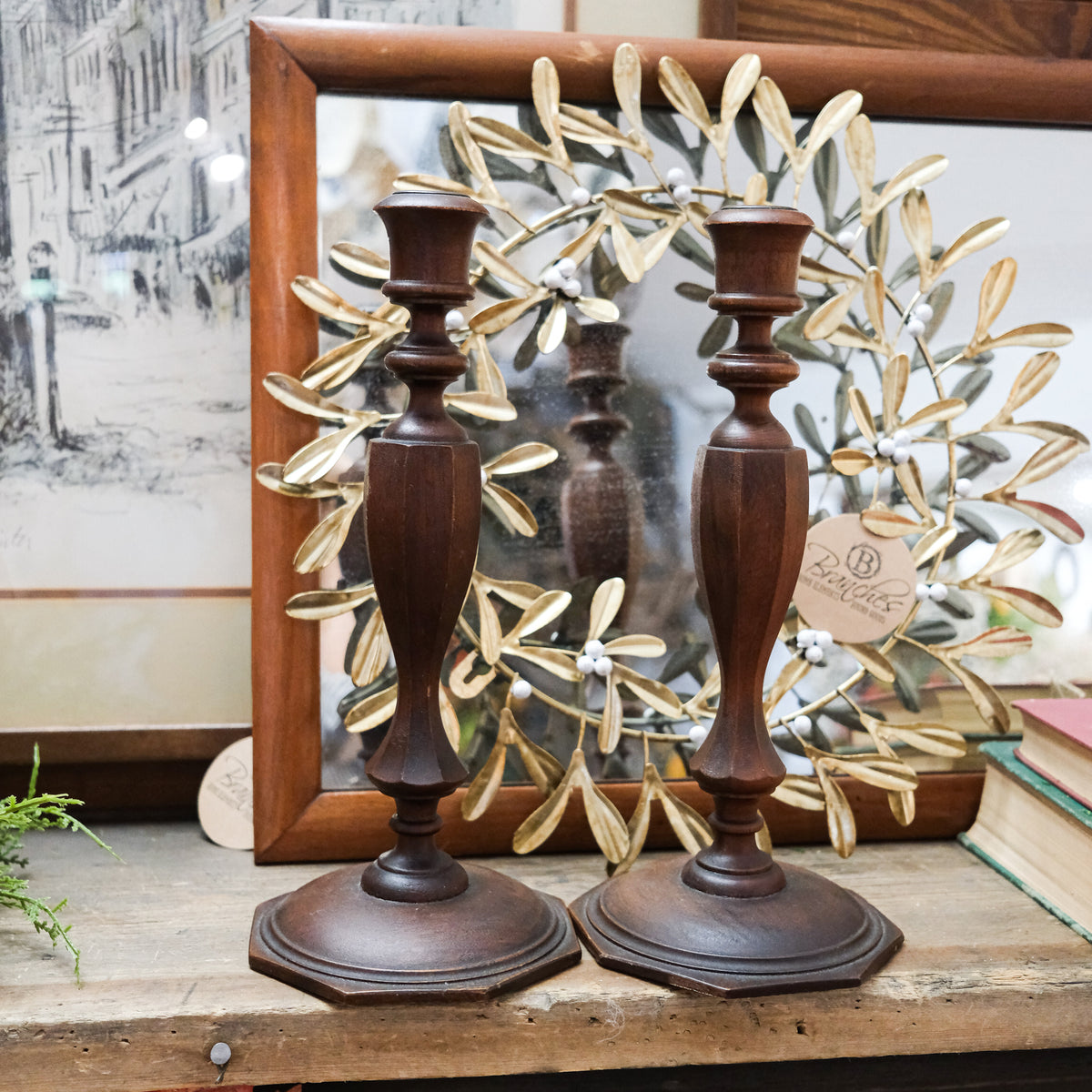 Tall Dark Brown Wooden Candlestick Holders Set of 2