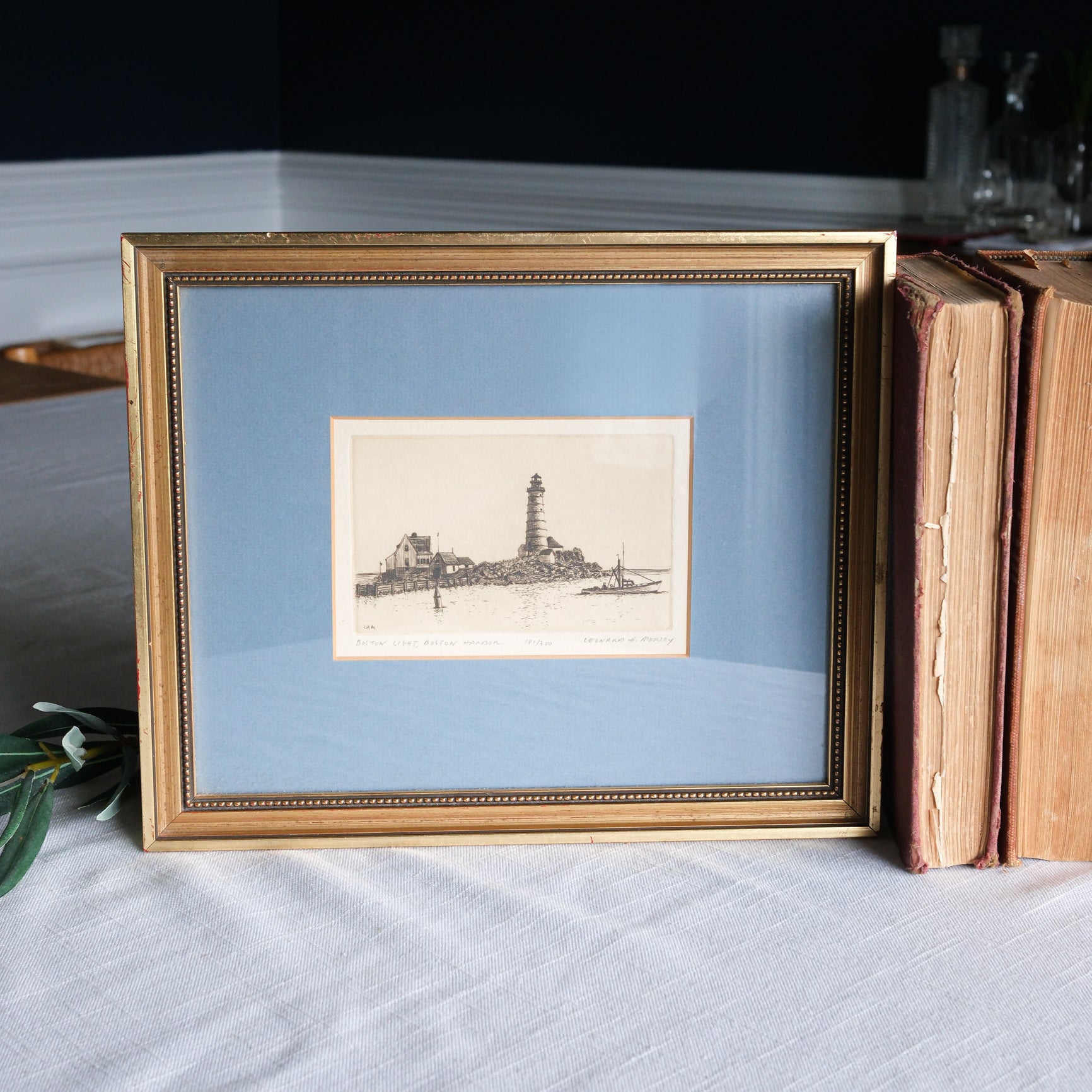 Vintage Matted Lighthouse Black and White Etching Print by Leonard H. Mersky Blue and Gold