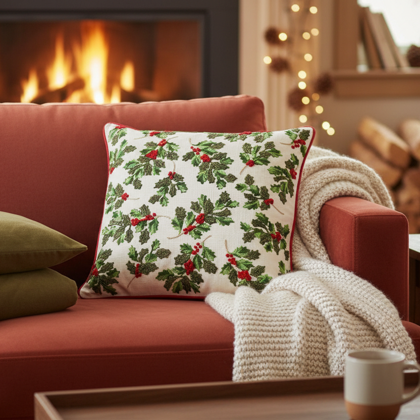 Cream Cotton Pillow with Holly Leaves and Berries