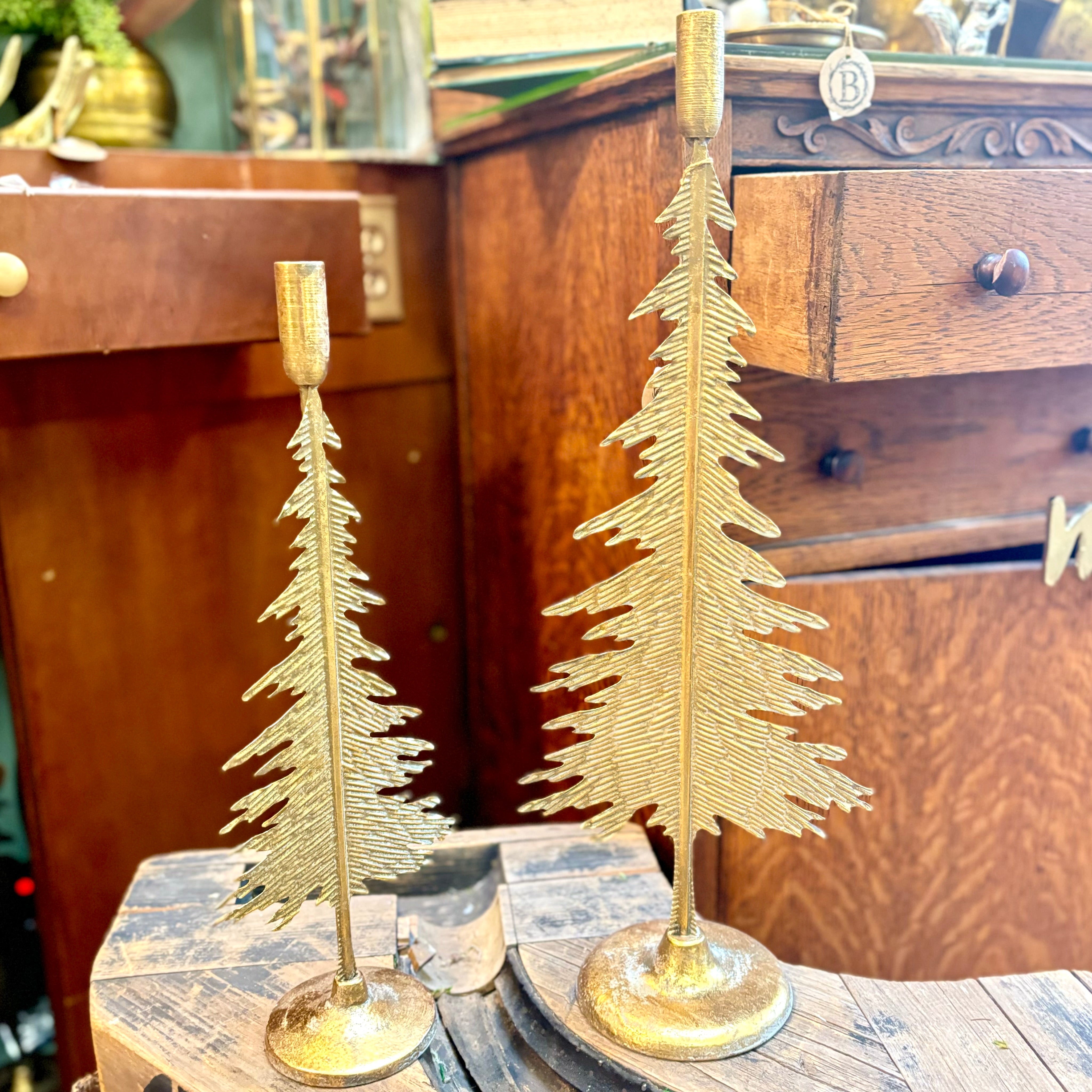 Verdigris Gold Metal Pine Tree Candle Stick Tall