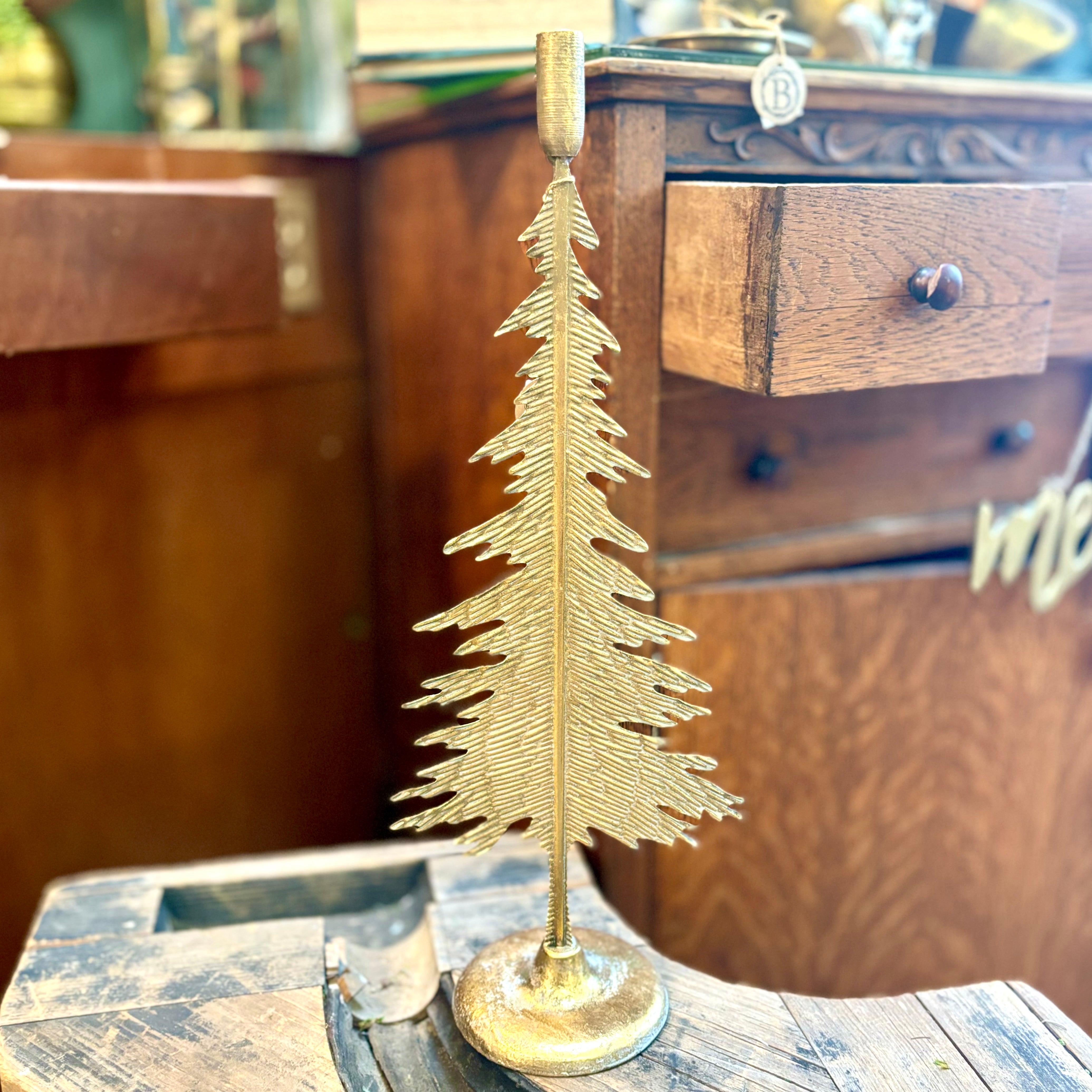 Verdigris Gold Metal Pine Tree Candle Stick Tall