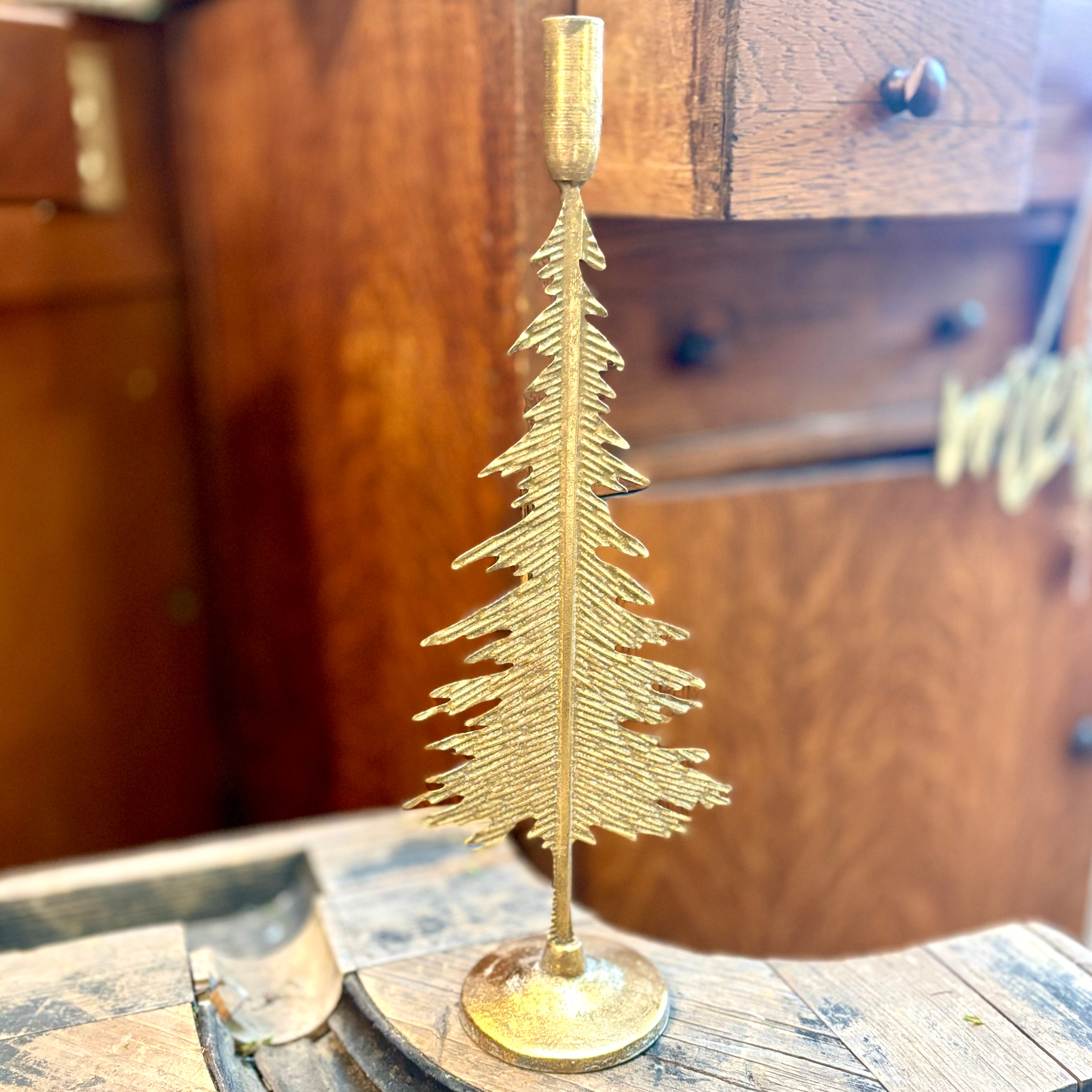 Verdigris Gold Metal Pine Tree Candle Stick Short