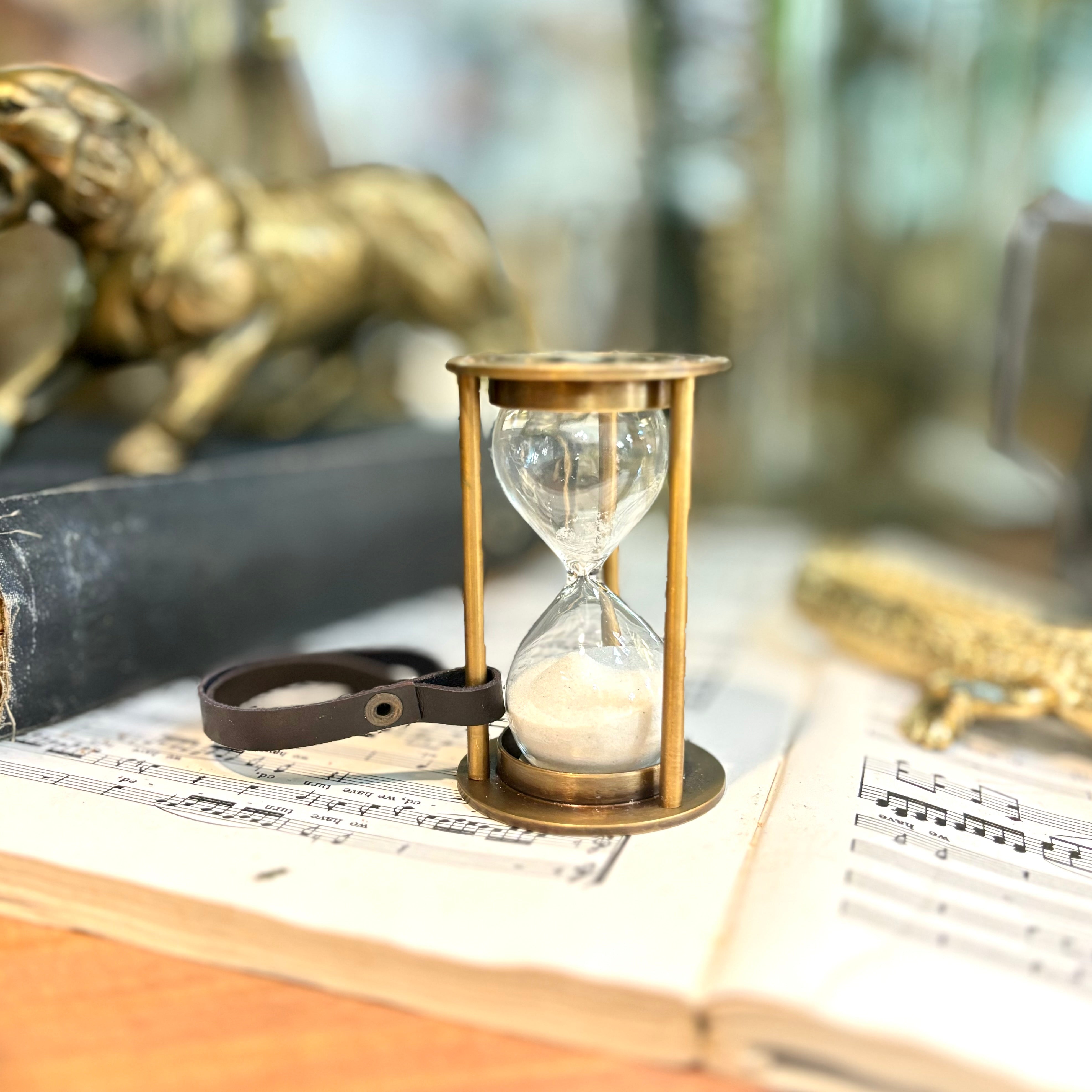 Brass Glass Hour Glass with Strap Ornament