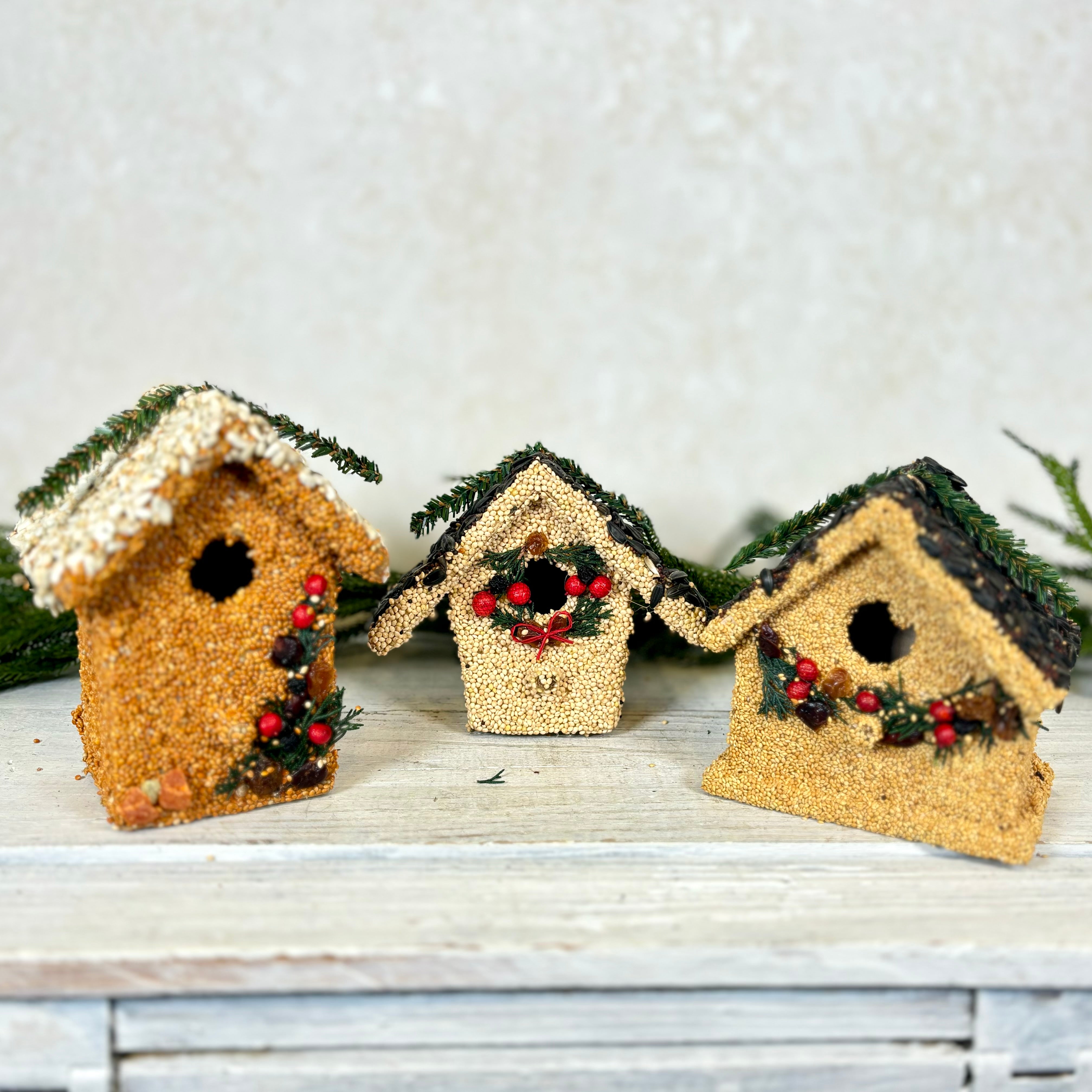 Holiday Season Cottage Seeded Birdhouse Juniper Wreath