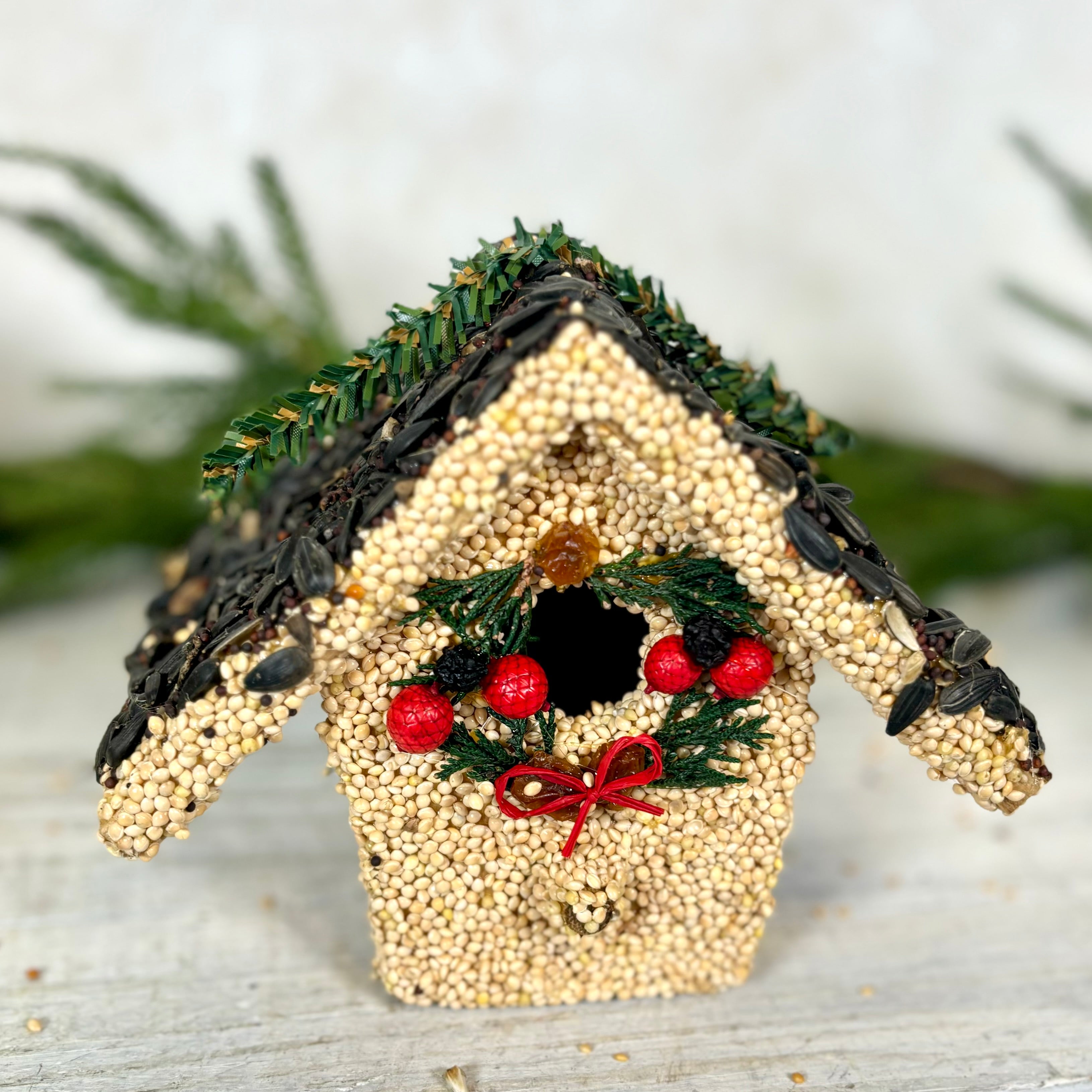 Holiday Season Cottage Seeded Birdhouse Juniper Wreath