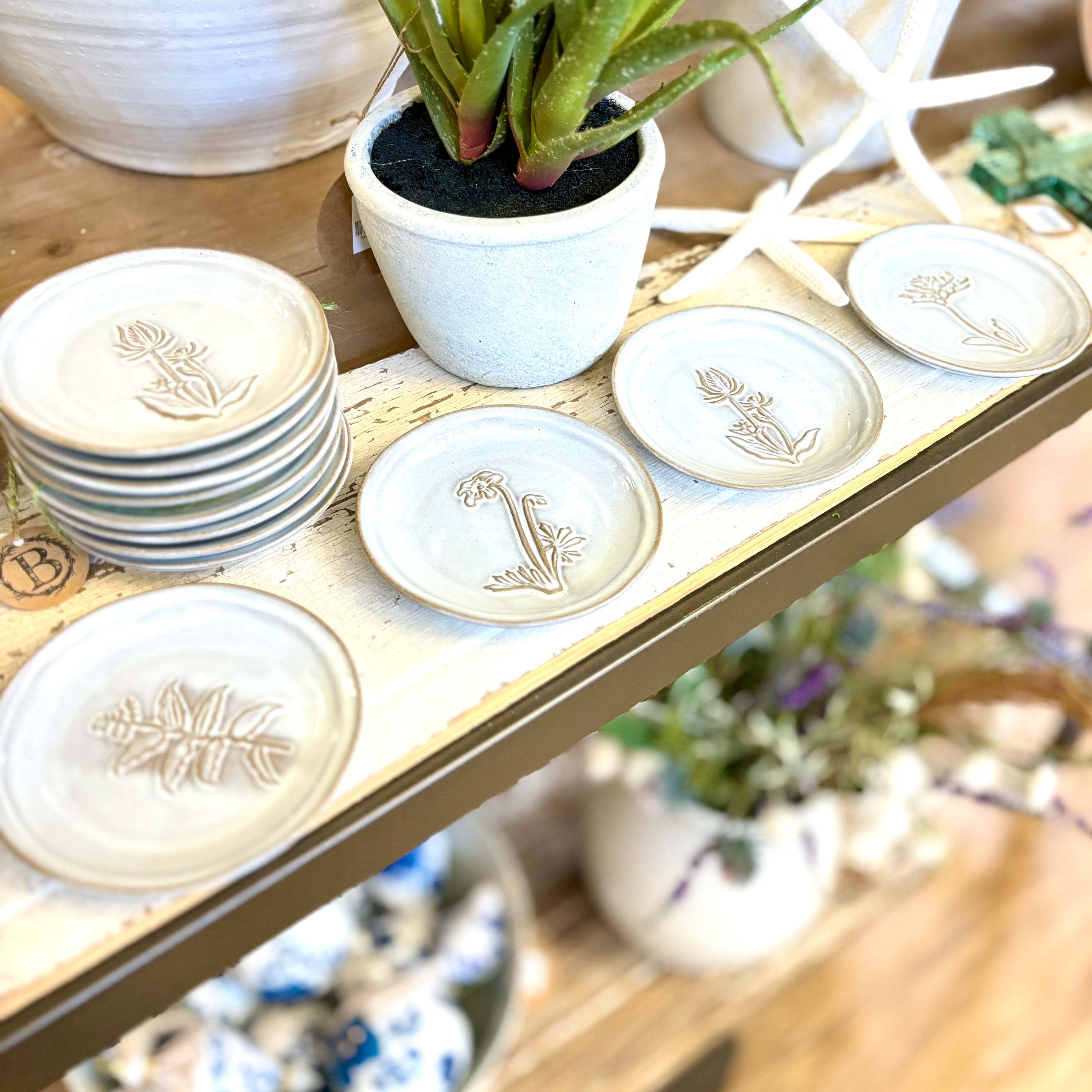 Embossed Glazed Stoneware Dish with Flower Set of Four