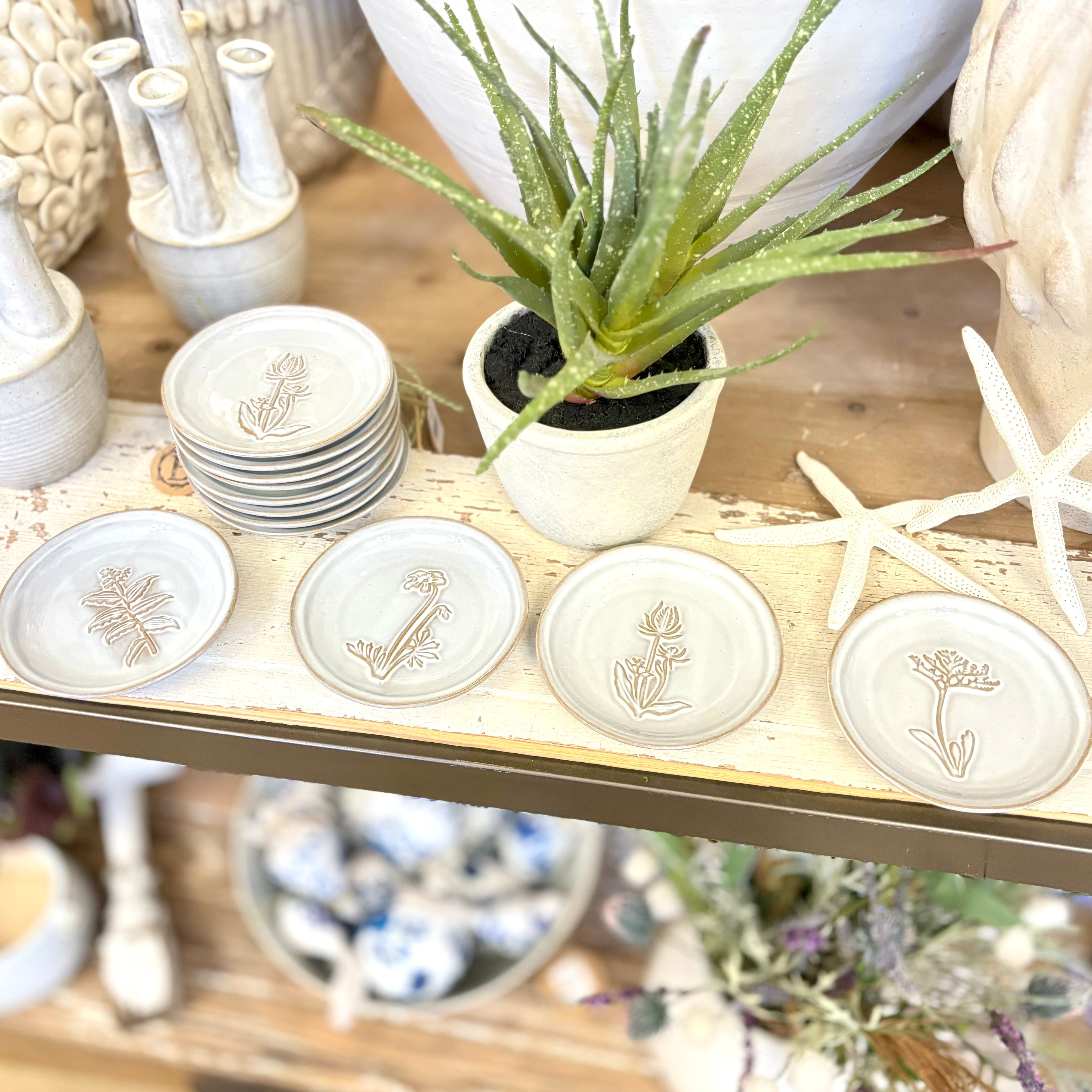 Embossed Glazed Stoneware Dish with Flower Set of Four