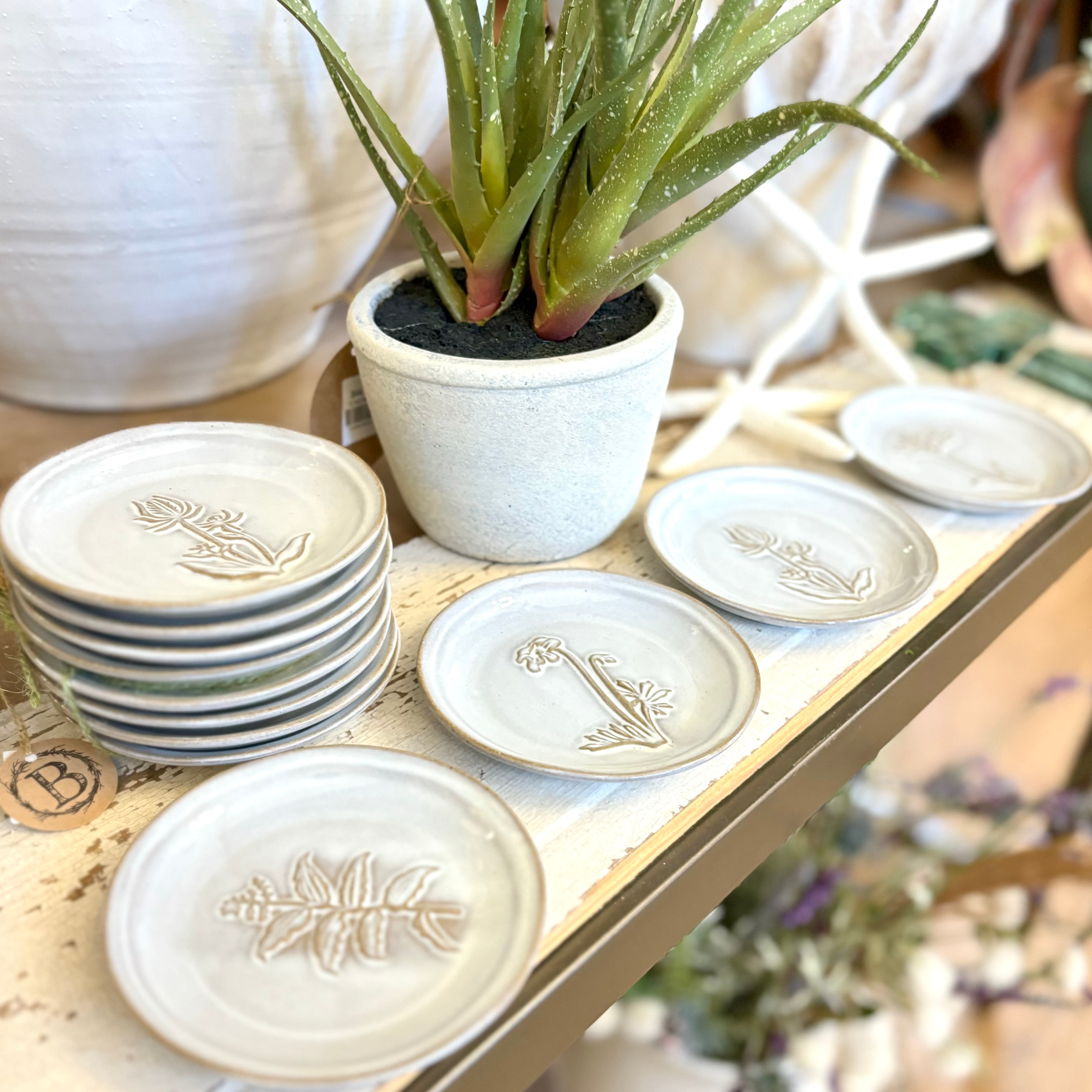 Embossed Glazed Stoneware Dish with Flower Set of Four